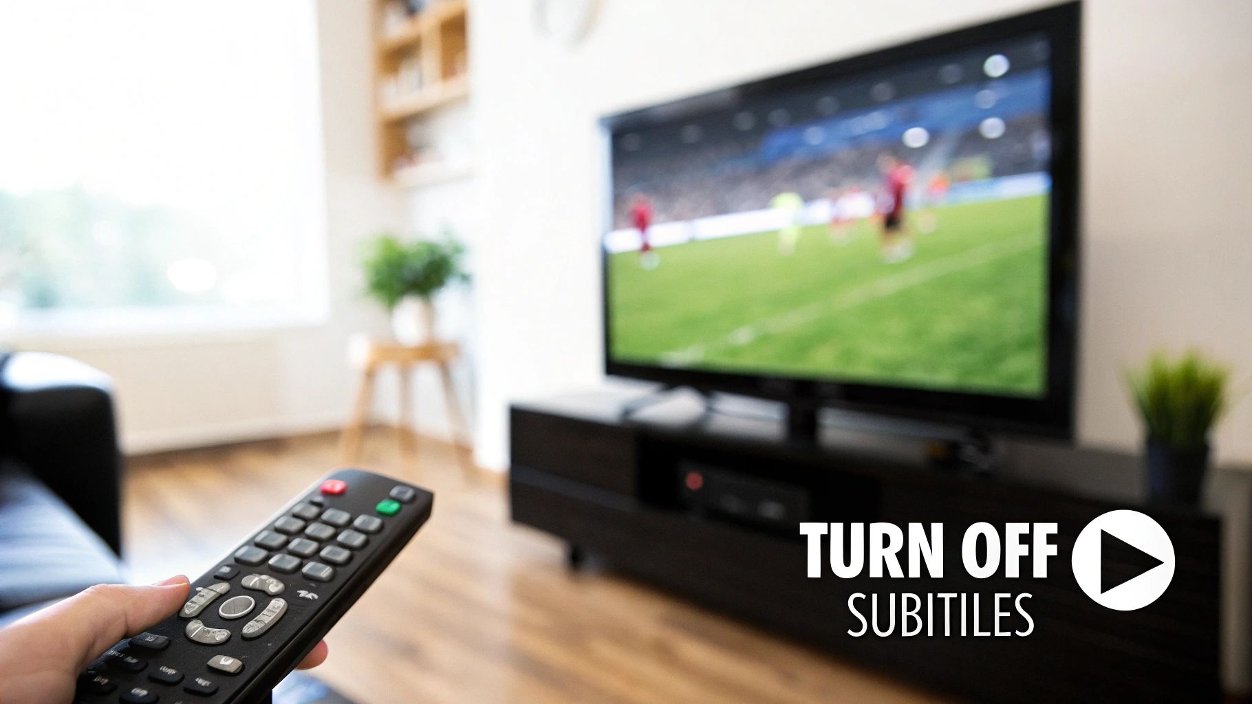 A hand holds a TV remote control, with a blurred TV screen showing a soccer game and text "TURN OFF SUBTITLES".