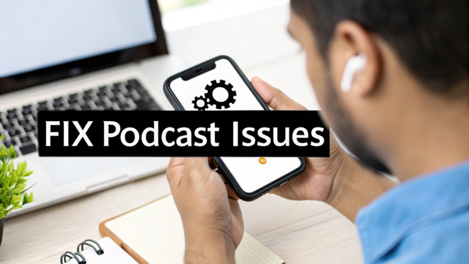 Person holding a smartphone showing gear icons, with 'FIX Podcast Issues' text overlay.