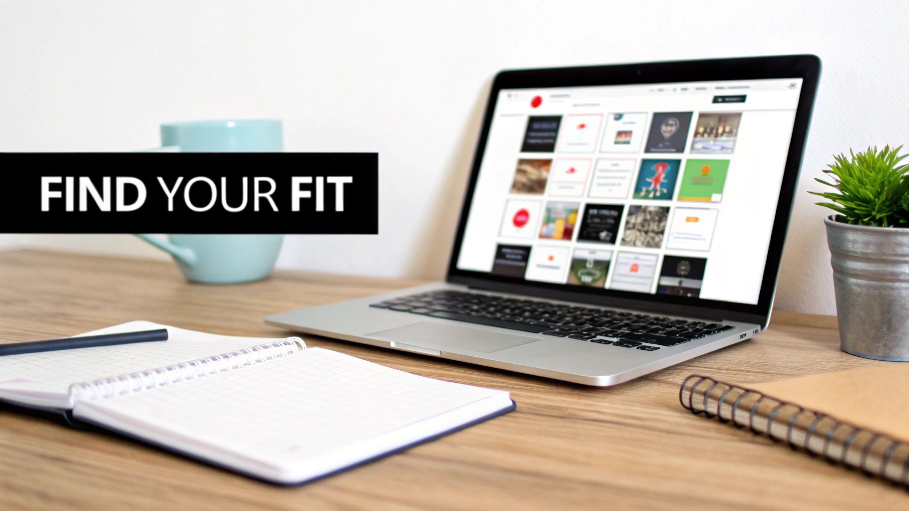 Laptop showing a course selection platform with 'FIND YOUR FIT' text, notebooks, and a mug on a wooden desk.