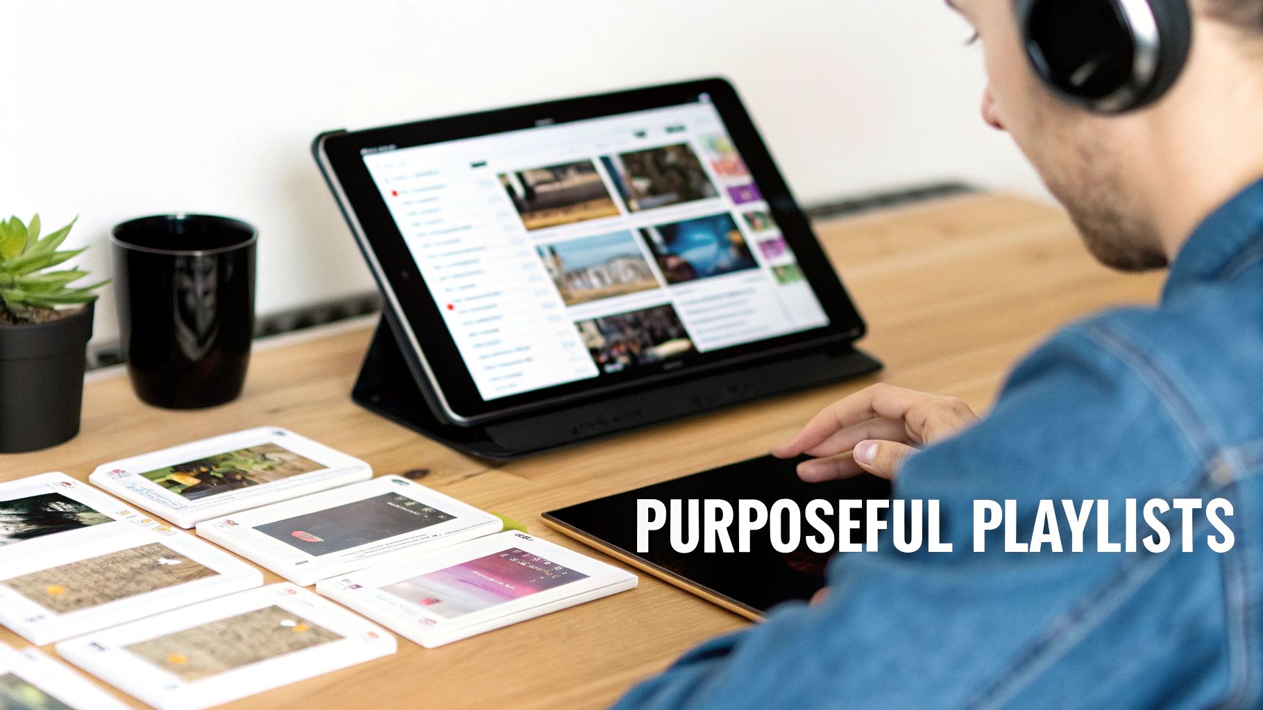 A person with headphones creating or managing digital playlists on a tablet, with physical cards.