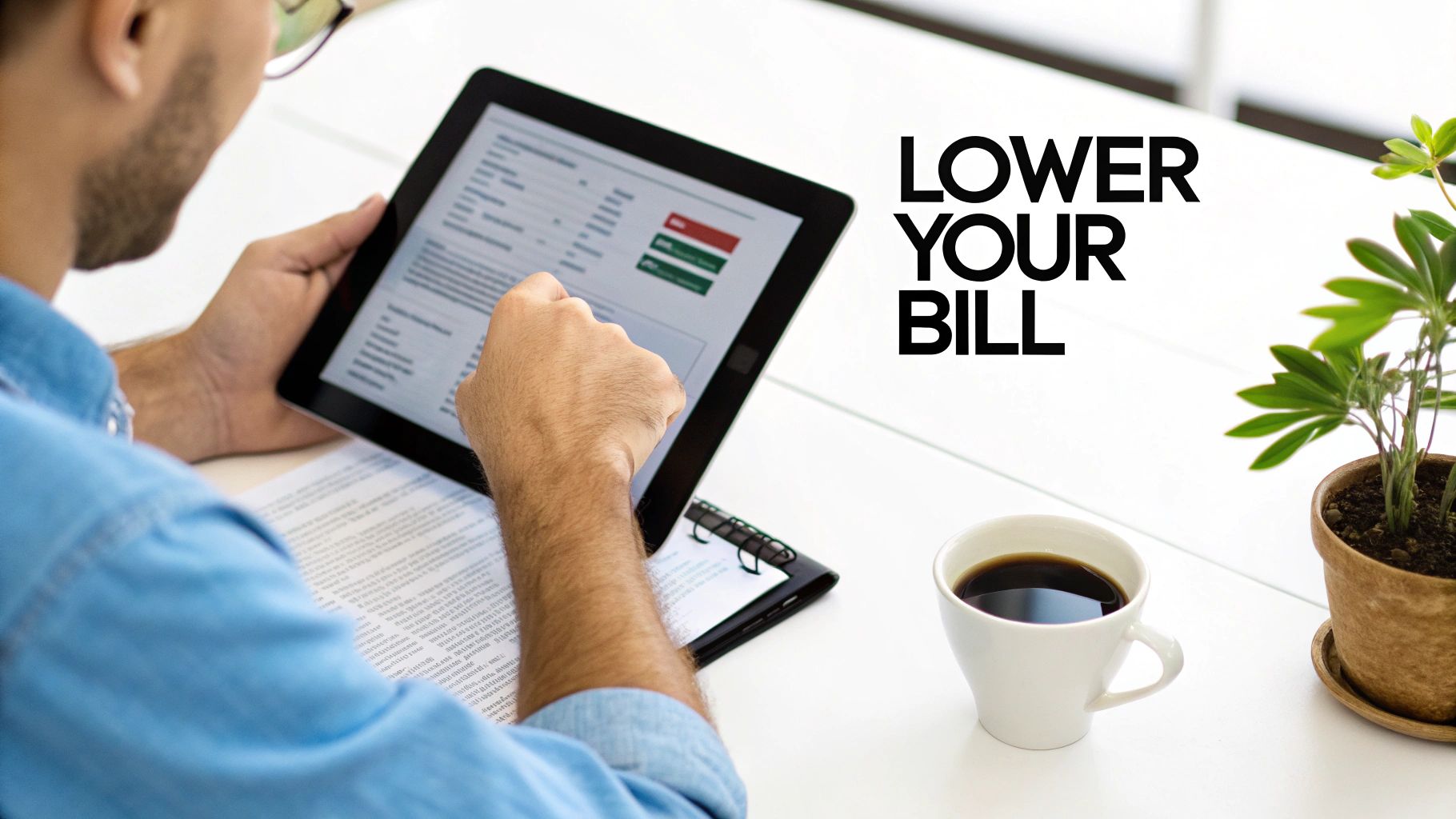 A person uses a tablet on a white desk, with 'LOWER YOUR BILL' text, coffee, and a plant.