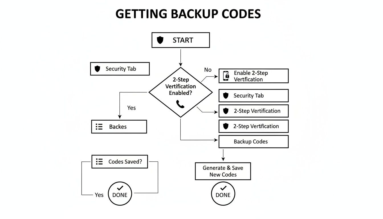 Flowchart detailing the process to retrieve or generate backup codes for account security.