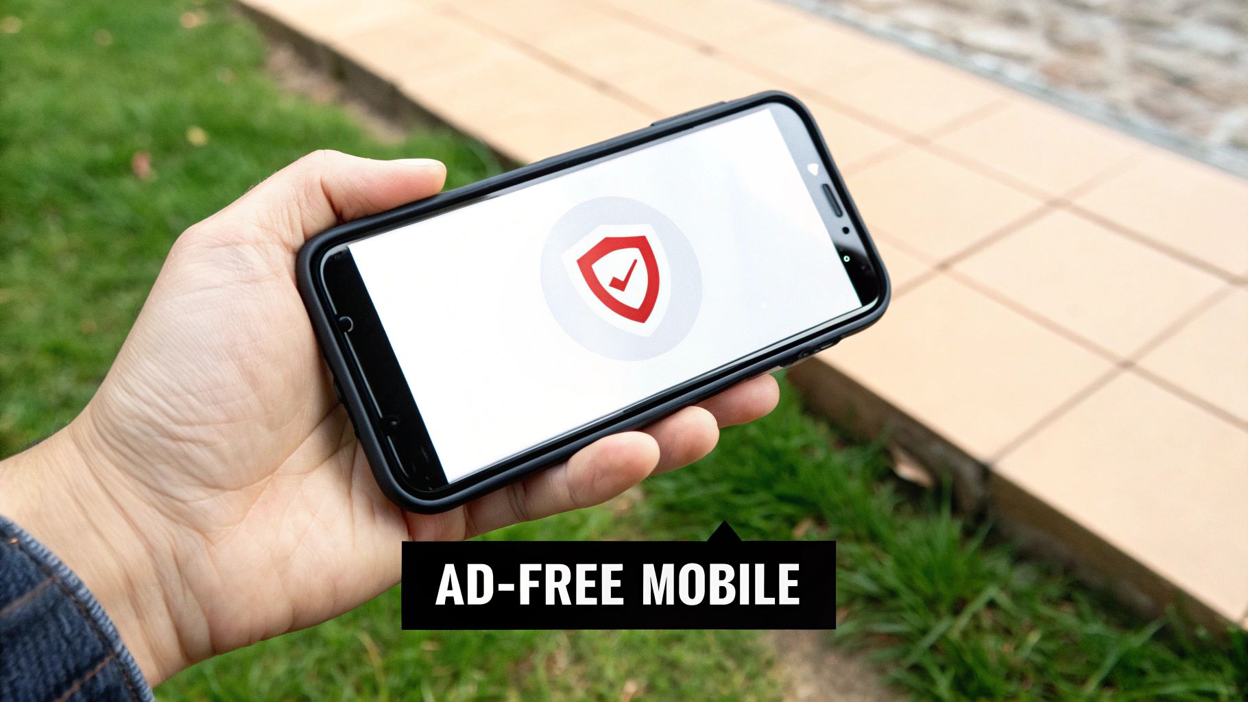 A smartphone displaying a video with a shield icon, representing ad-blocking on mobile.