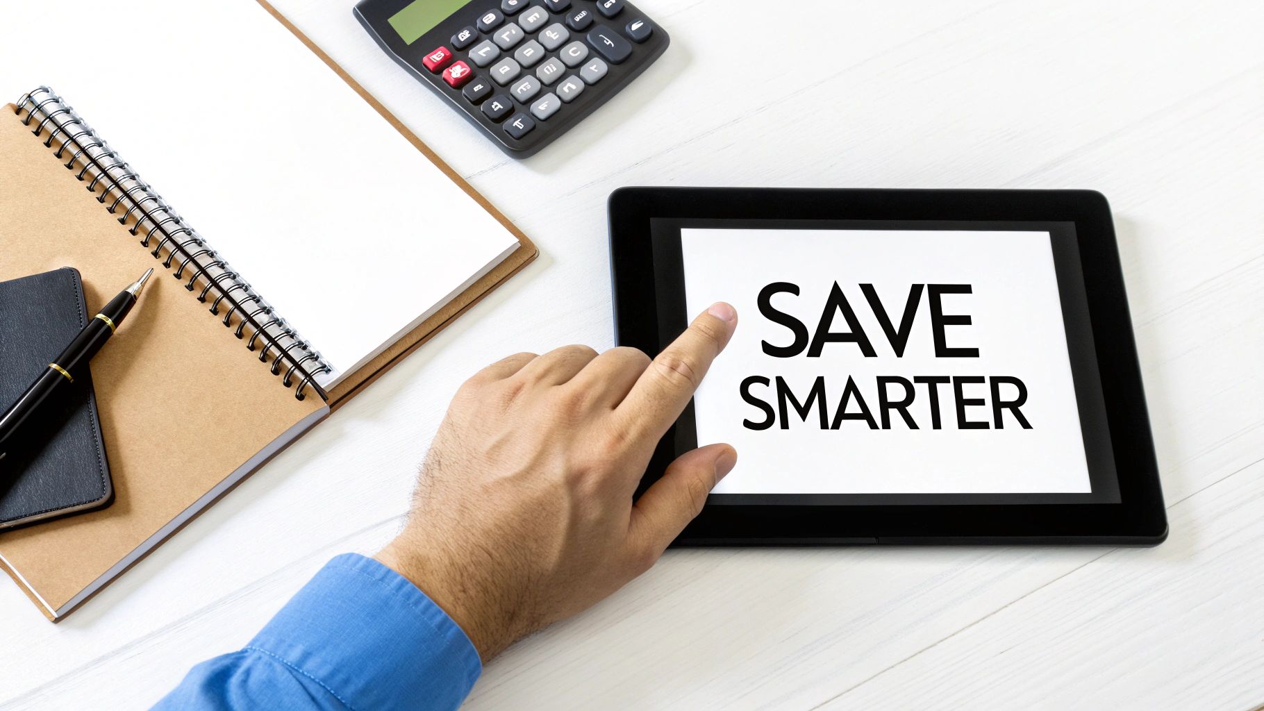 A person's hand touches a tablet displaying 'SAVE SMARTER' on a white desk with a calculator and notebook.