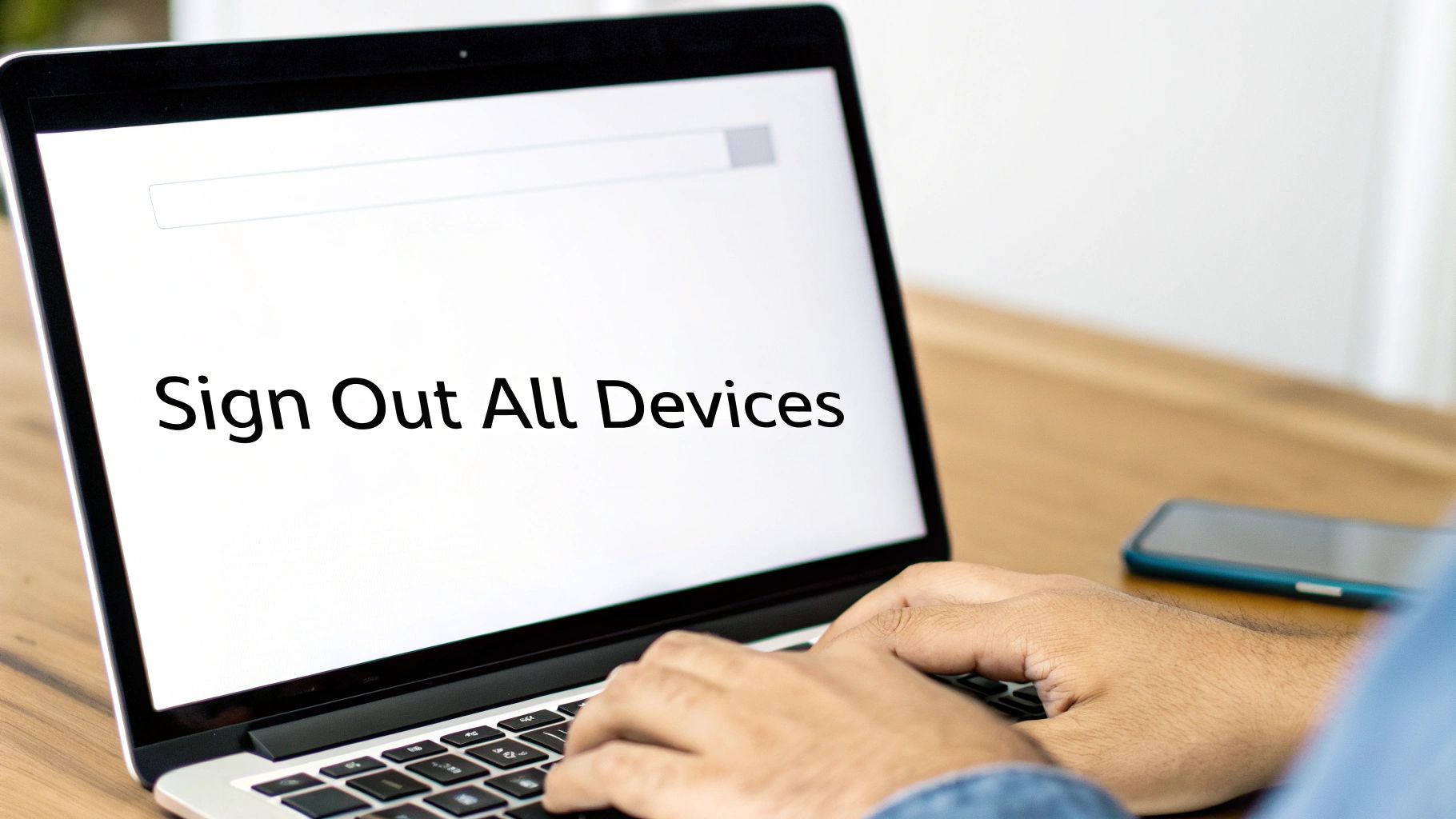 A person types on a laptop displaying 'Sign Out All Devices' on the screen.