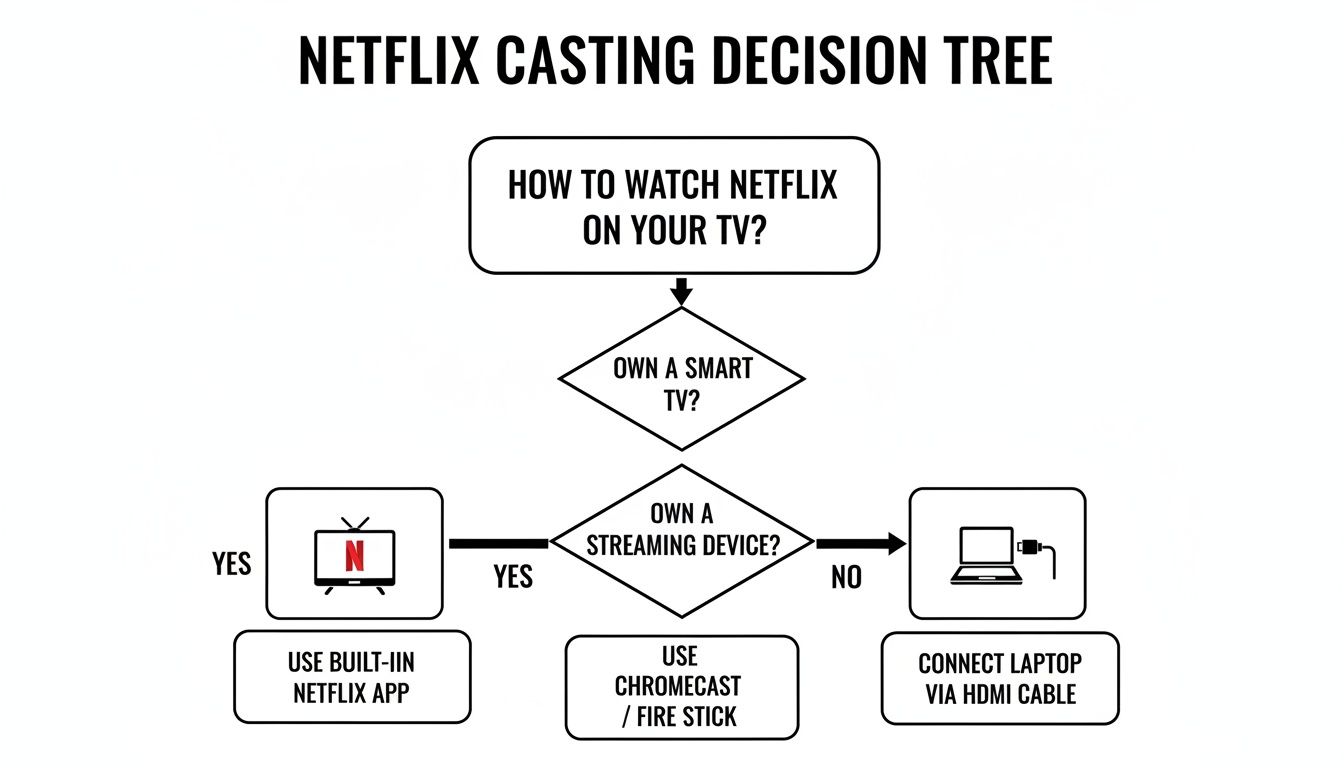 Decision tree flowchart showing how to watch Netflix on a TV using smart TV, streaming device, or laptop.