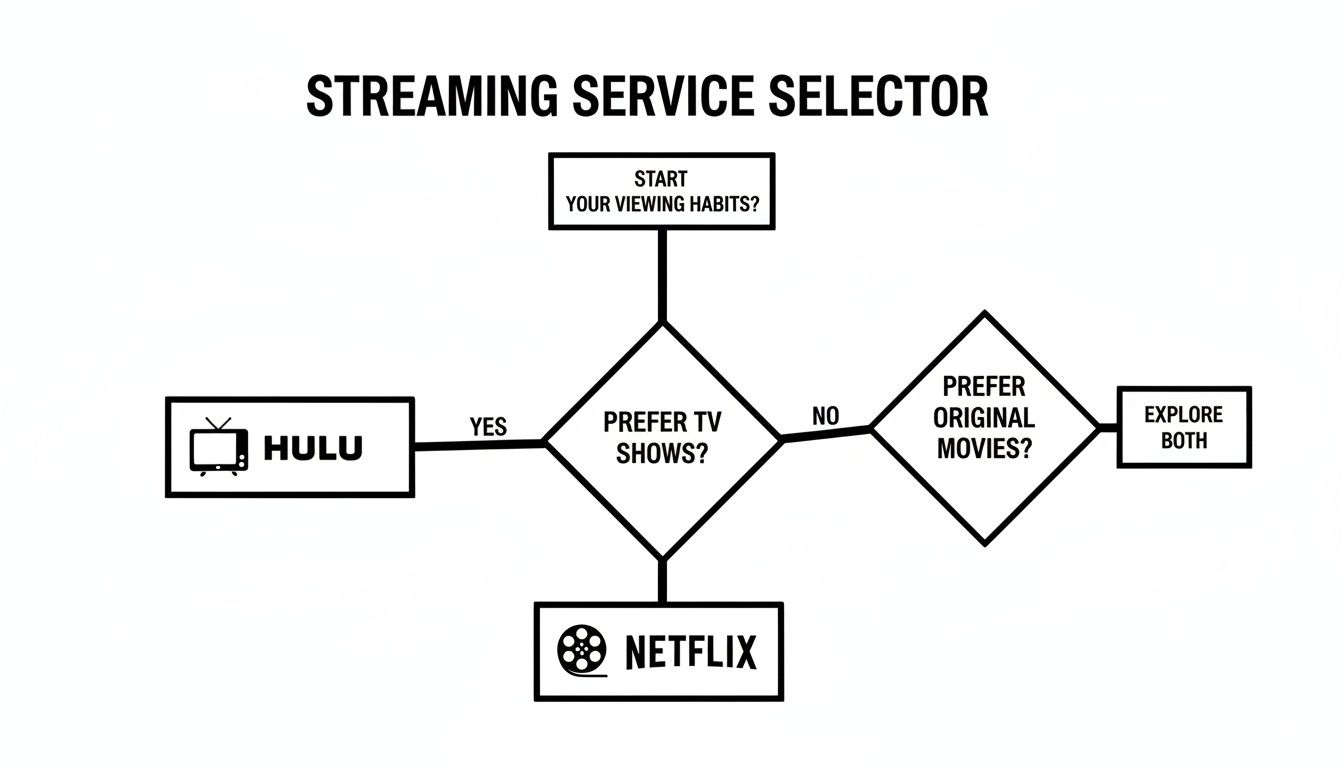 Flowchart to select a streaming service: Hulu for TV shows, Netflix for movies, or explore both.