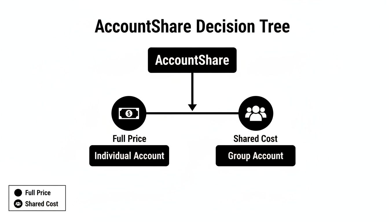 Decision tree illustrating AccountShare options: Full Price for Individual Account and Shared Cost for Group Account.