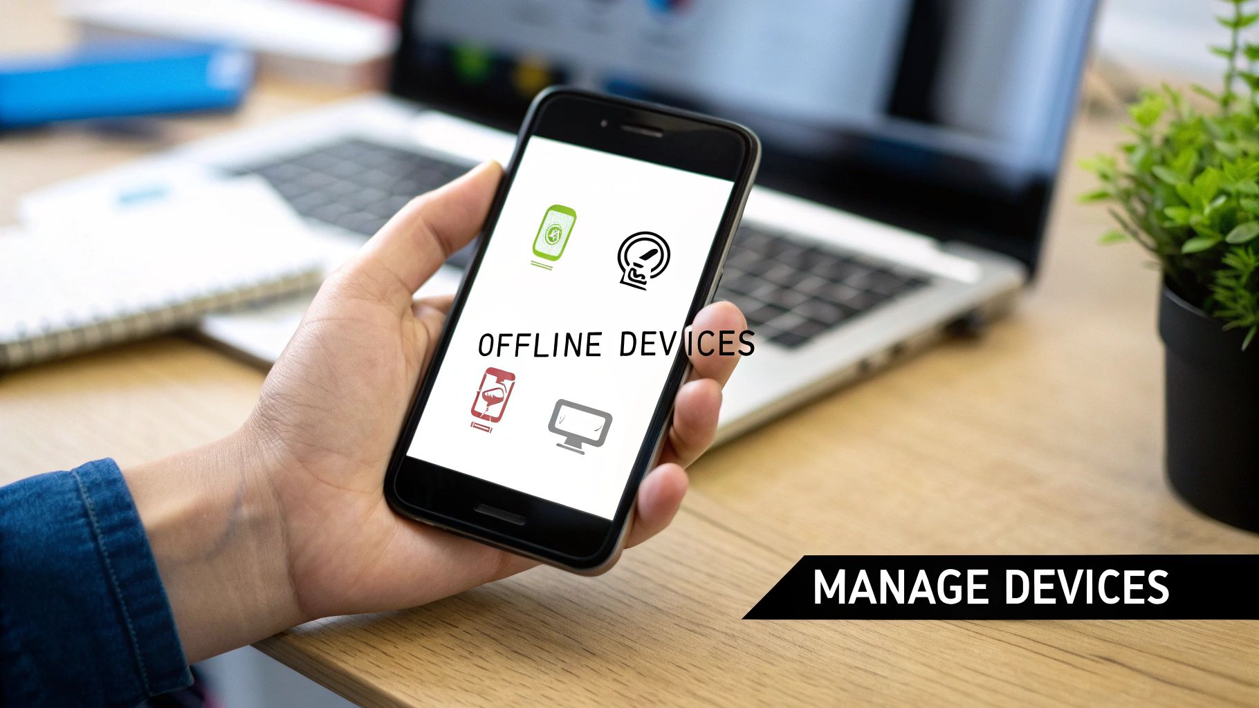 Hand holding a smartphone displaying 'OFFLINE DEVICES' and 'MANAGE DEVICES' on a busy desk.
