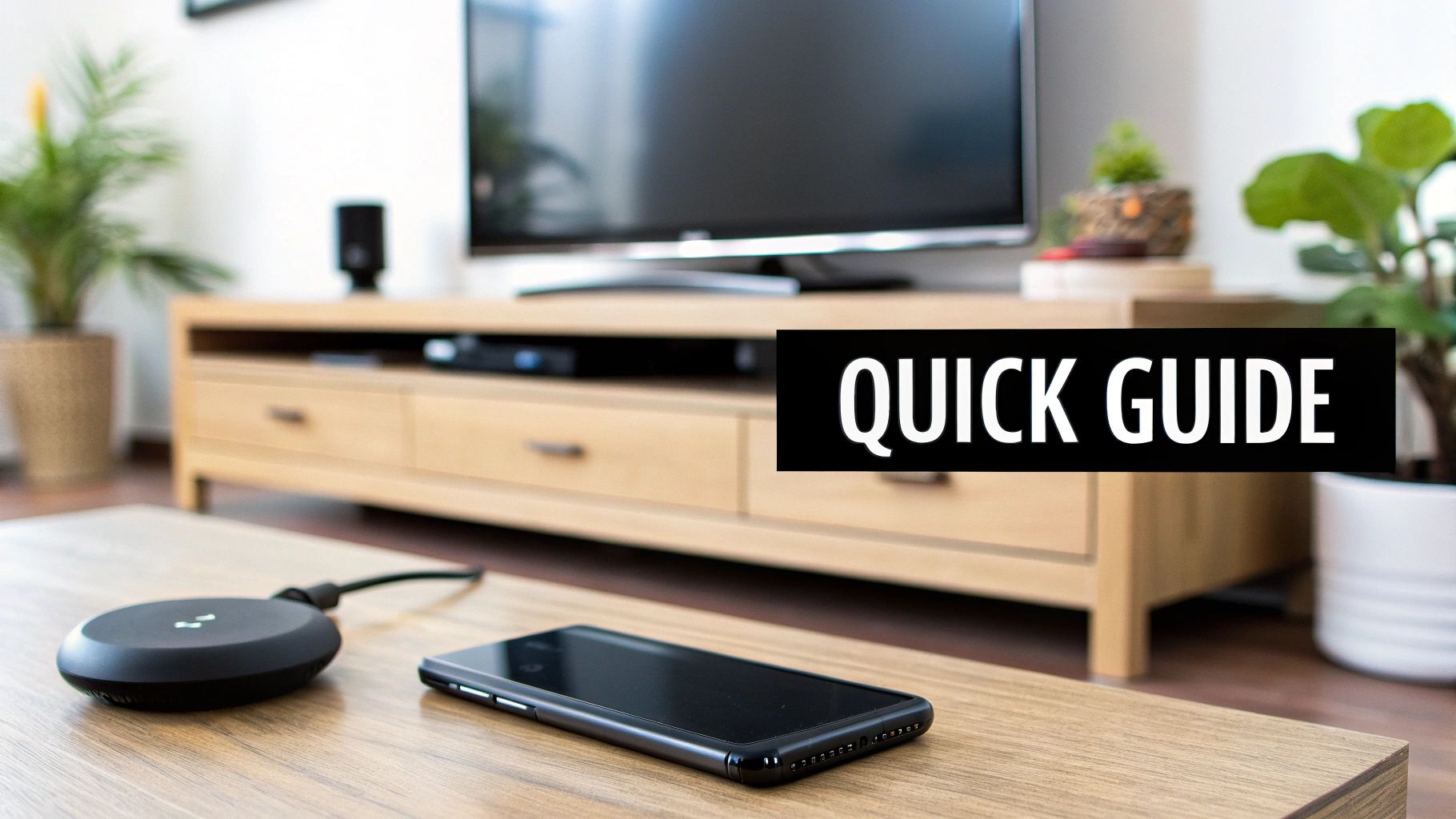 A quick guide for casting content to a TV, featuring a smartphone and a casting device on a coffee table.