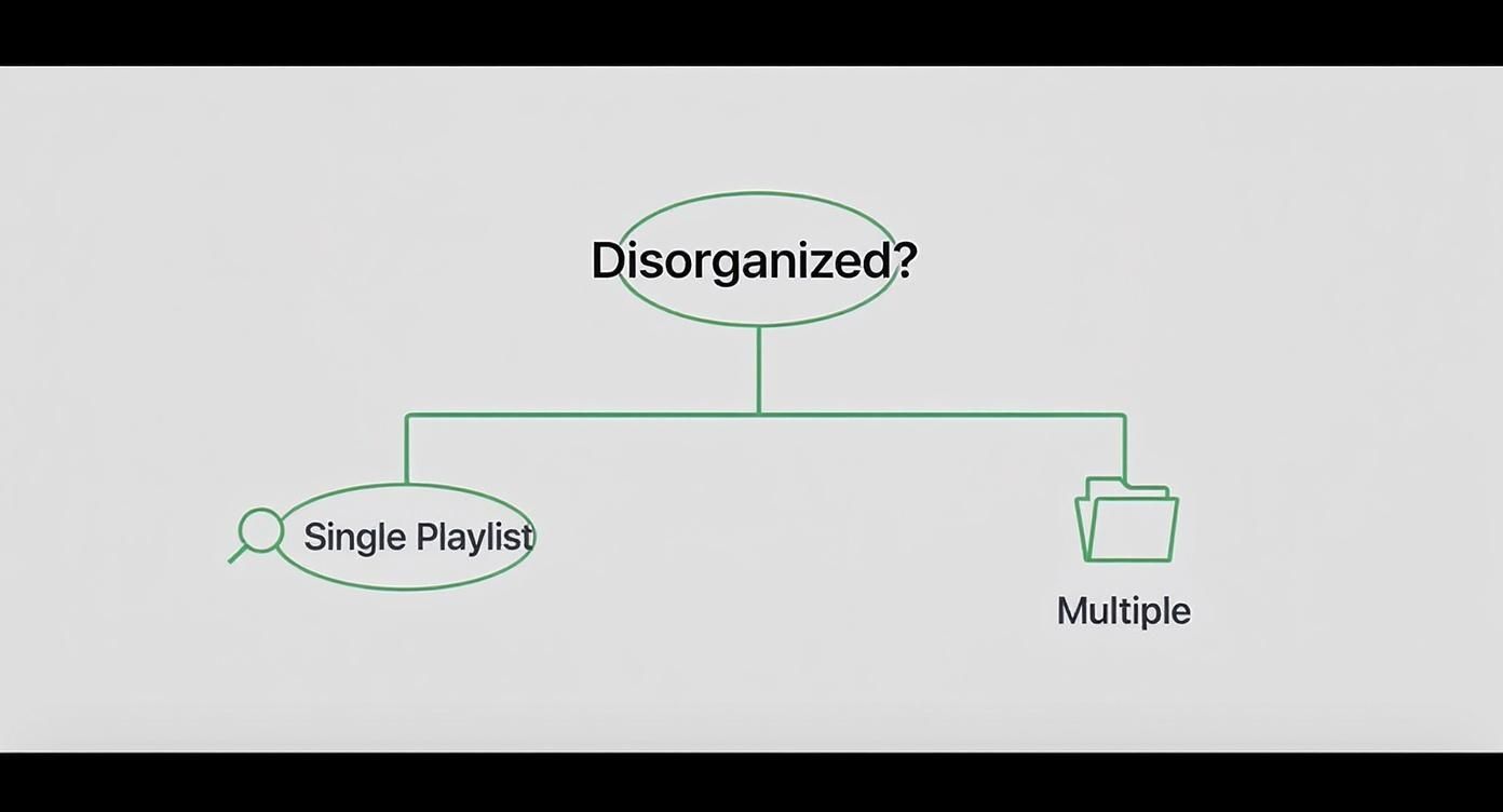 A flowchart asking 'Disorganized?' with two branches: 'Single Playlist' and 'Multiple' folders.