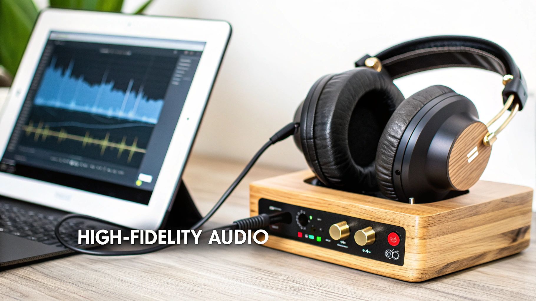 A high-fidelity audio setup with a tablet displaying waveforms, headphones, and a wooden audio interface.