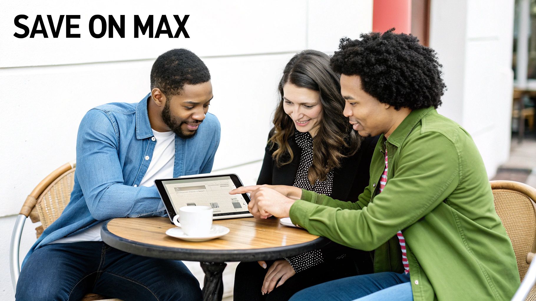 Diverse group of friends smiling, interacting with a tablet at an outdoor cafe table.