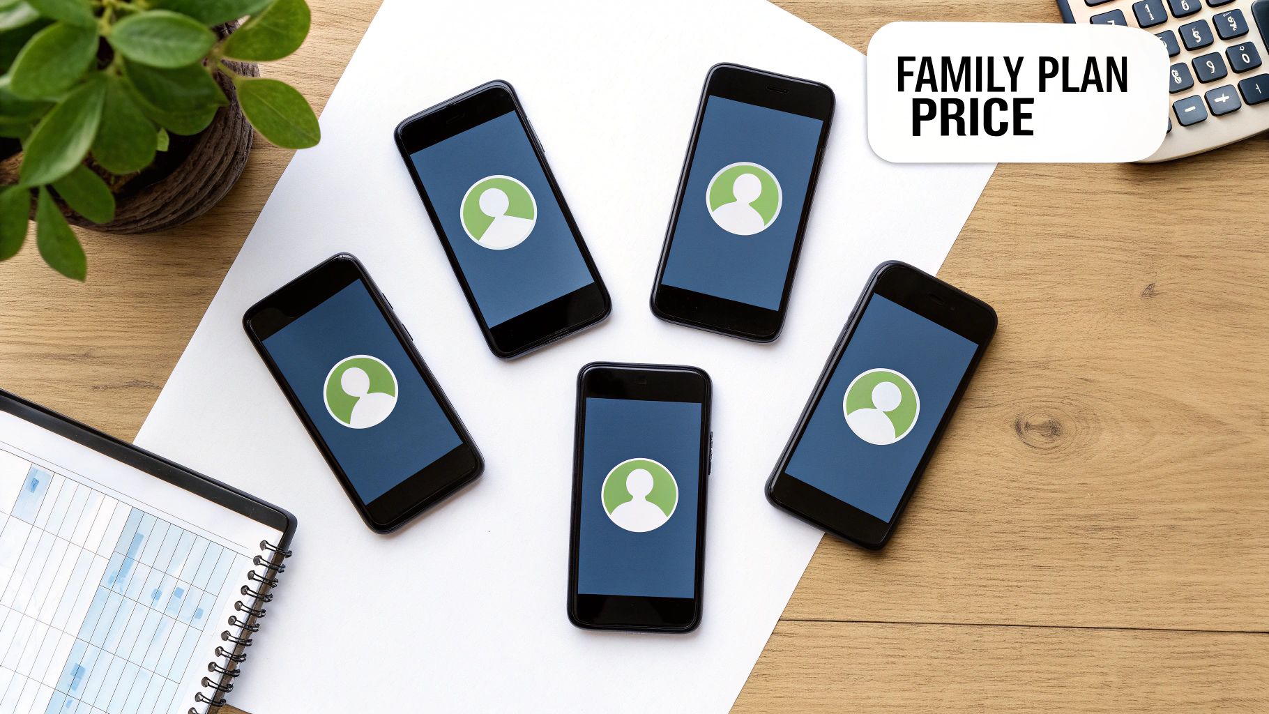 Overhead view of five smartphones with user profile icons, next to a 'FAMILY PLAN PRICE' sign.