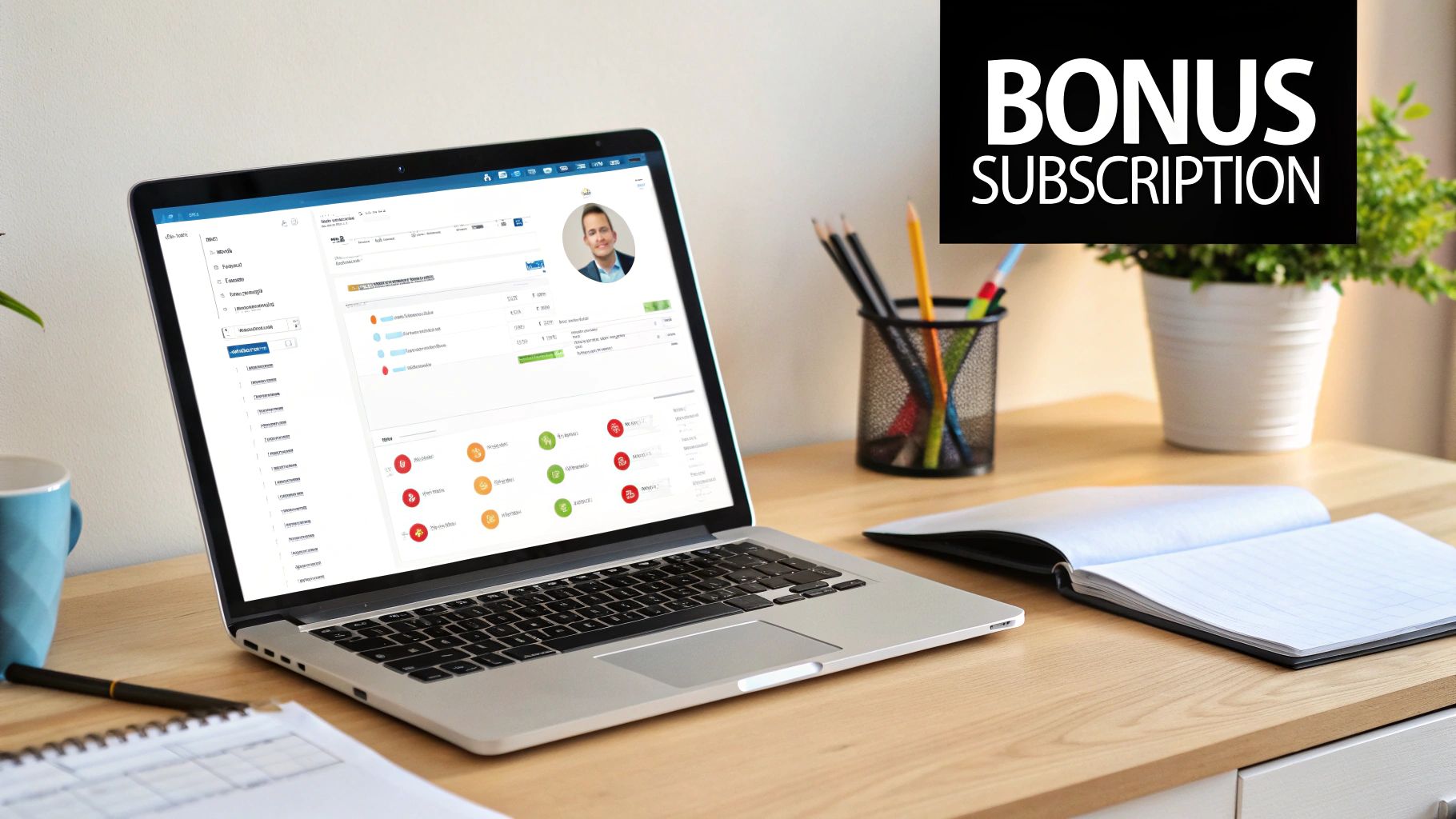 A laptop displaying business software on a wooden desk with office supplies and a 'BONUS SUBSCRIPTION' sign.