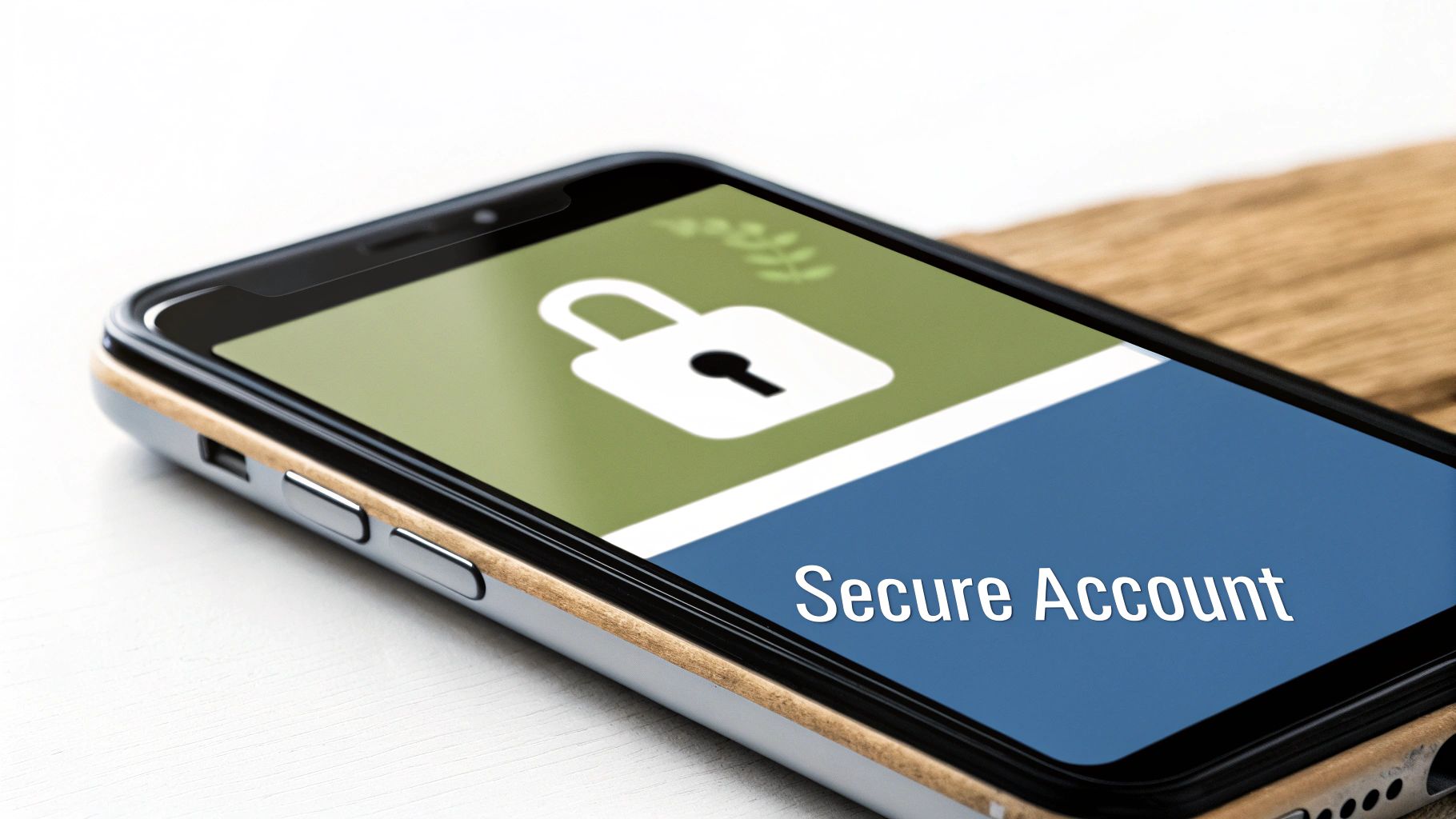 A smartphone displaying a secure account screen with a padlock icon on a white and wooden background.