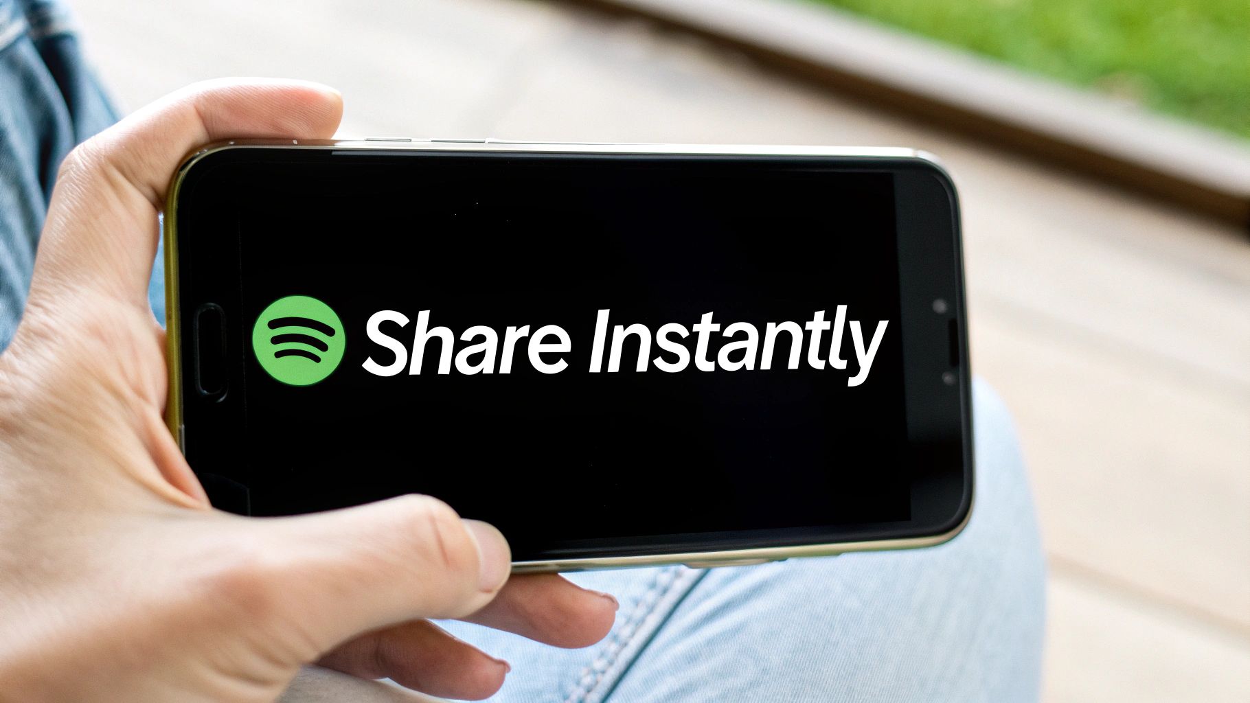 Person holding a smartphone with the Spotify app open, showing a playlist.