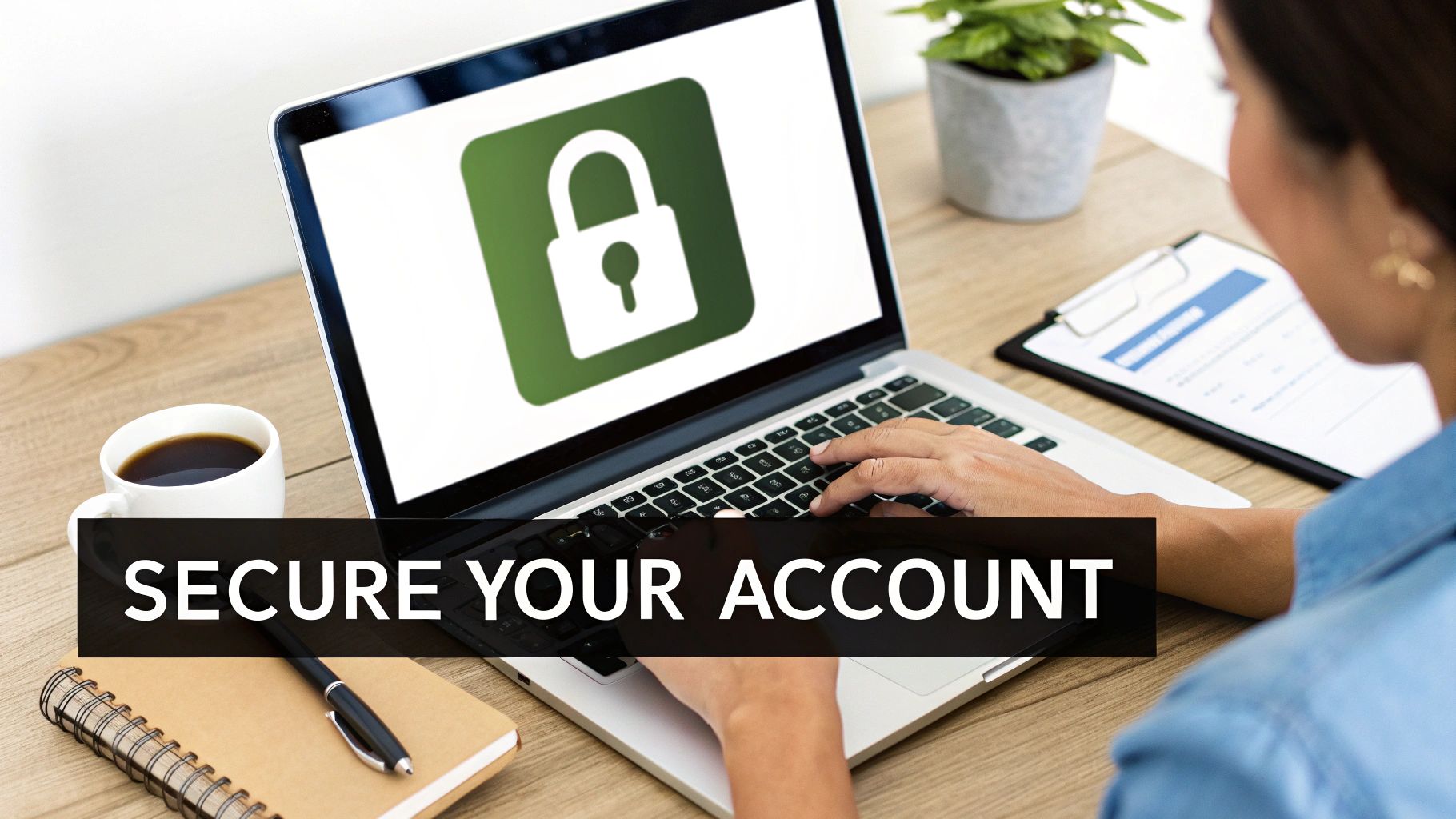 A person typing on a laptop with a prominent security lock icon and 'SECURE YOUR ACCOUNT' text.
