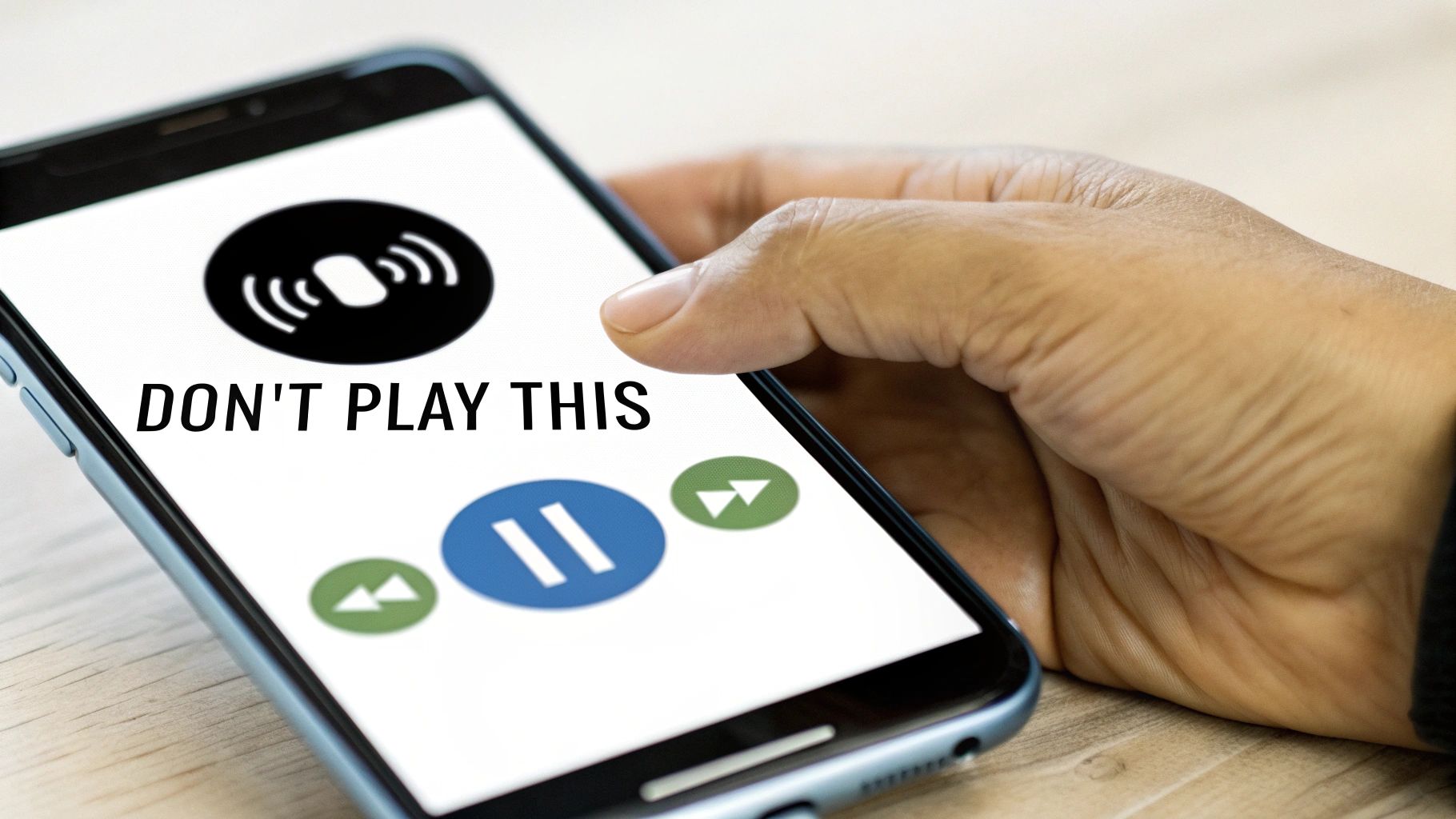 A hand holds a smartphone showing a music app with 'DON'T PLAY THIS' text and playback controls.