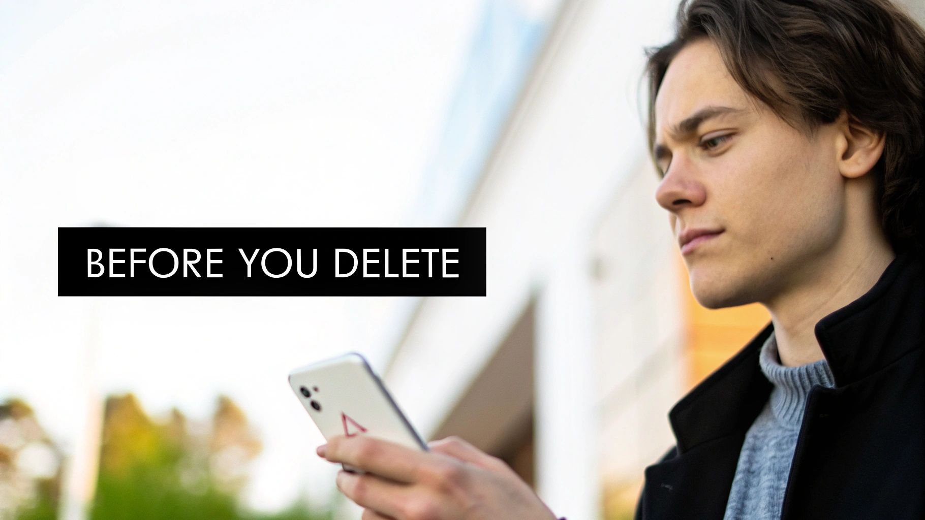 A young man with long hair looks intently at his smartphone, with a 'BEFORE YOU DELETE' text overlay.