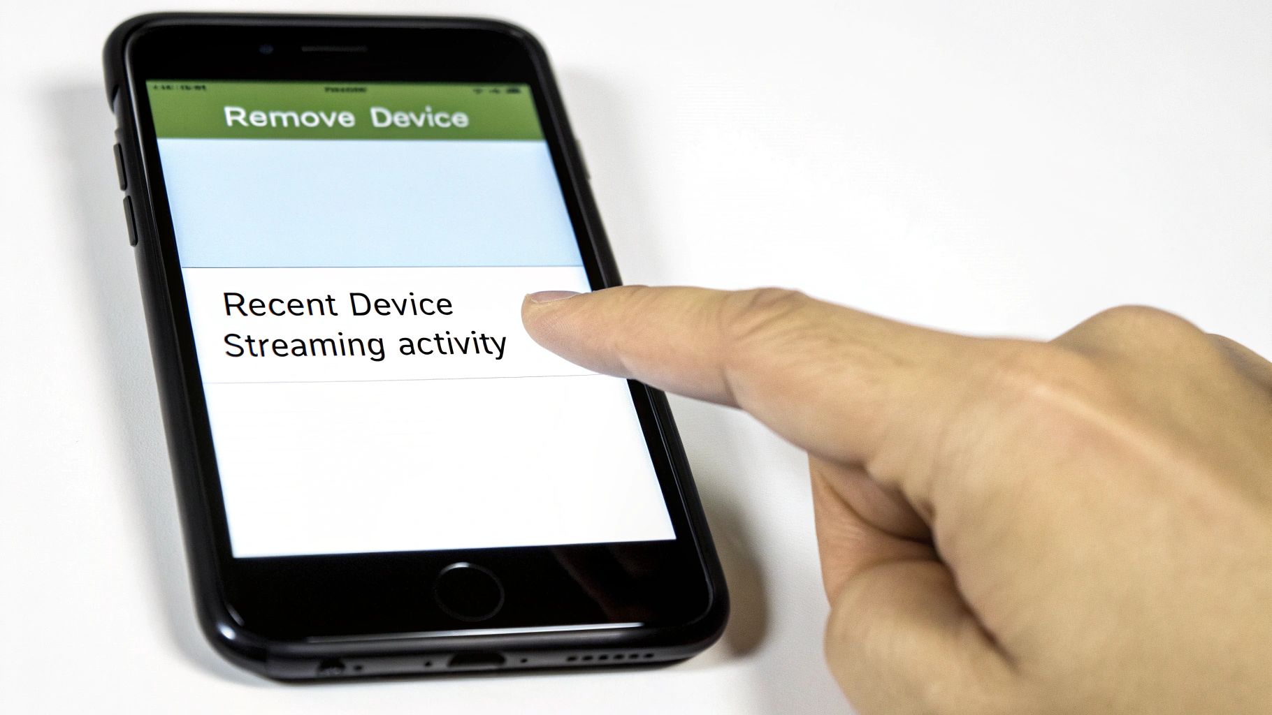 A finger taps 'Recent Device' on a smartphone screen displaying 'Remove Device' options.