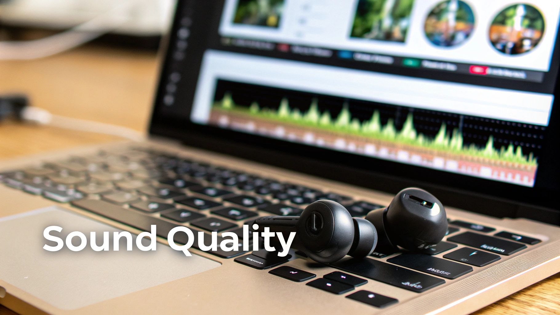 Black wireless earbuds resting on a laptop keyboard with an audio waveform on the screen, emphasizing sound quality.