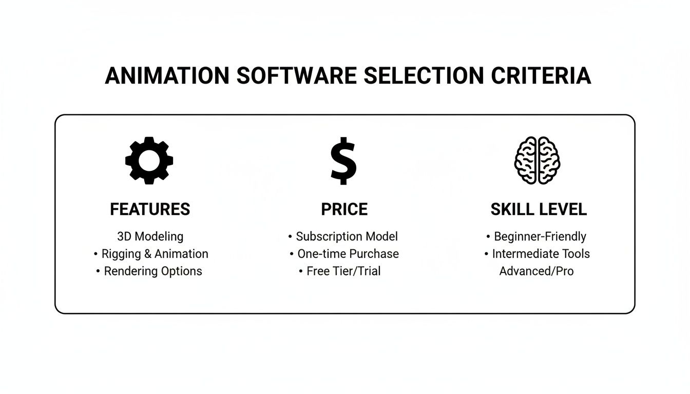 Infographic outlining animation software selection criteria: features, pricing models, and required skill levels.