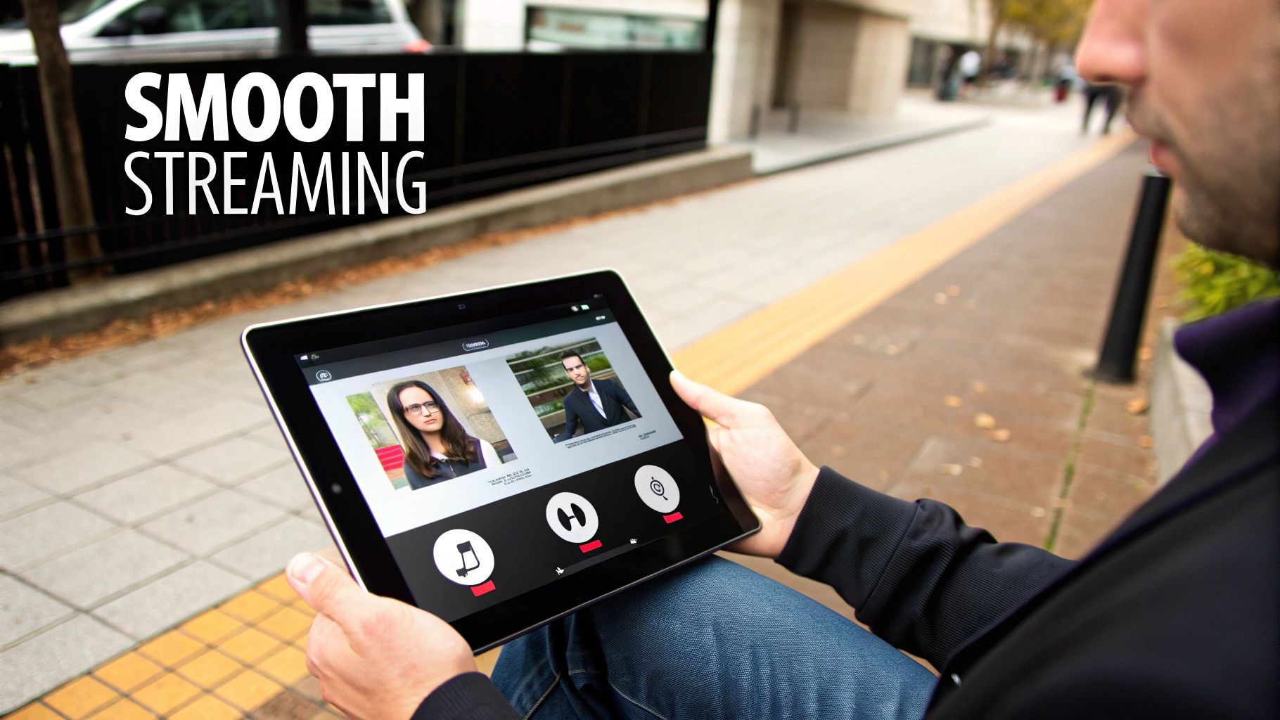 A person watches smooth streaming content on a tablet outdoors, emphasizing mobile video experience.