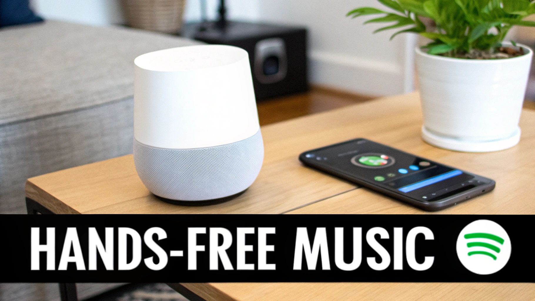 A smart home speaker playing music with the Spotify and Google Home logos nearby.