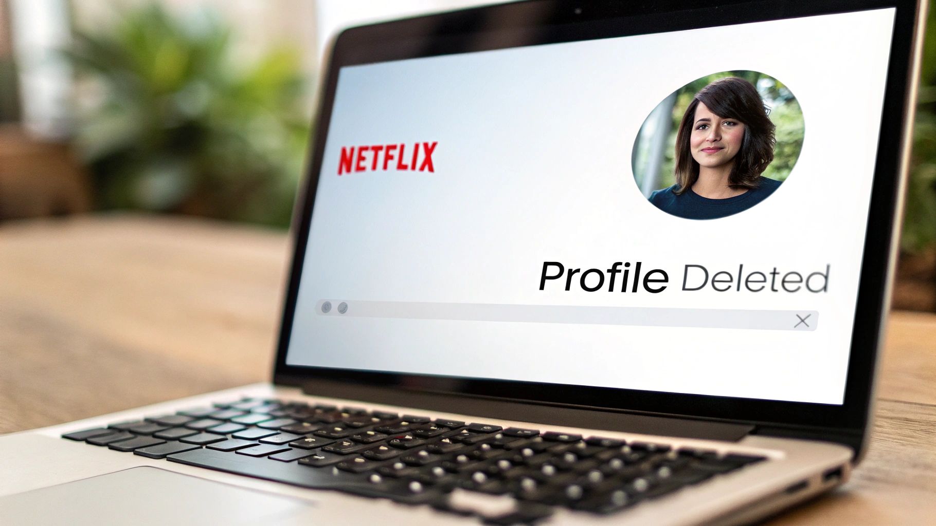 A laptop screen displaying a Netflix profile with a woman's photo and 'Profile Deleted' message.