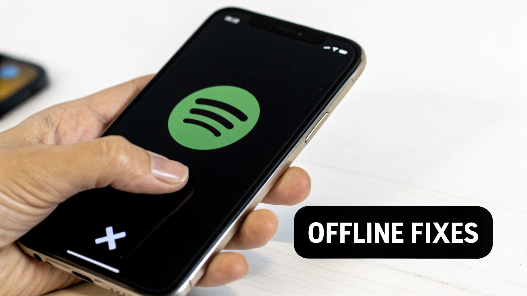 A hand holds an iPhone displaying the Spotify logo and 'Offline Fixes' text.