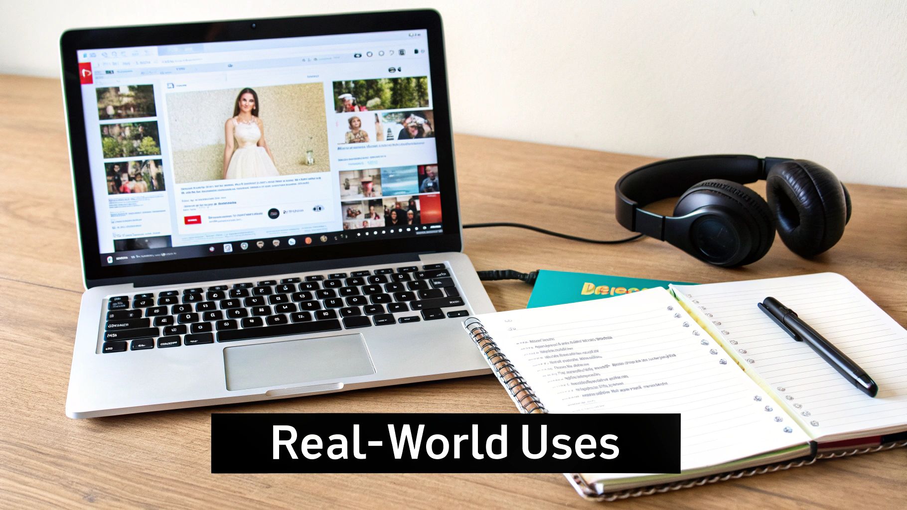 A laptop displaying YouTube videos, headphones, an open notebook, and a pen on a wooden desk.