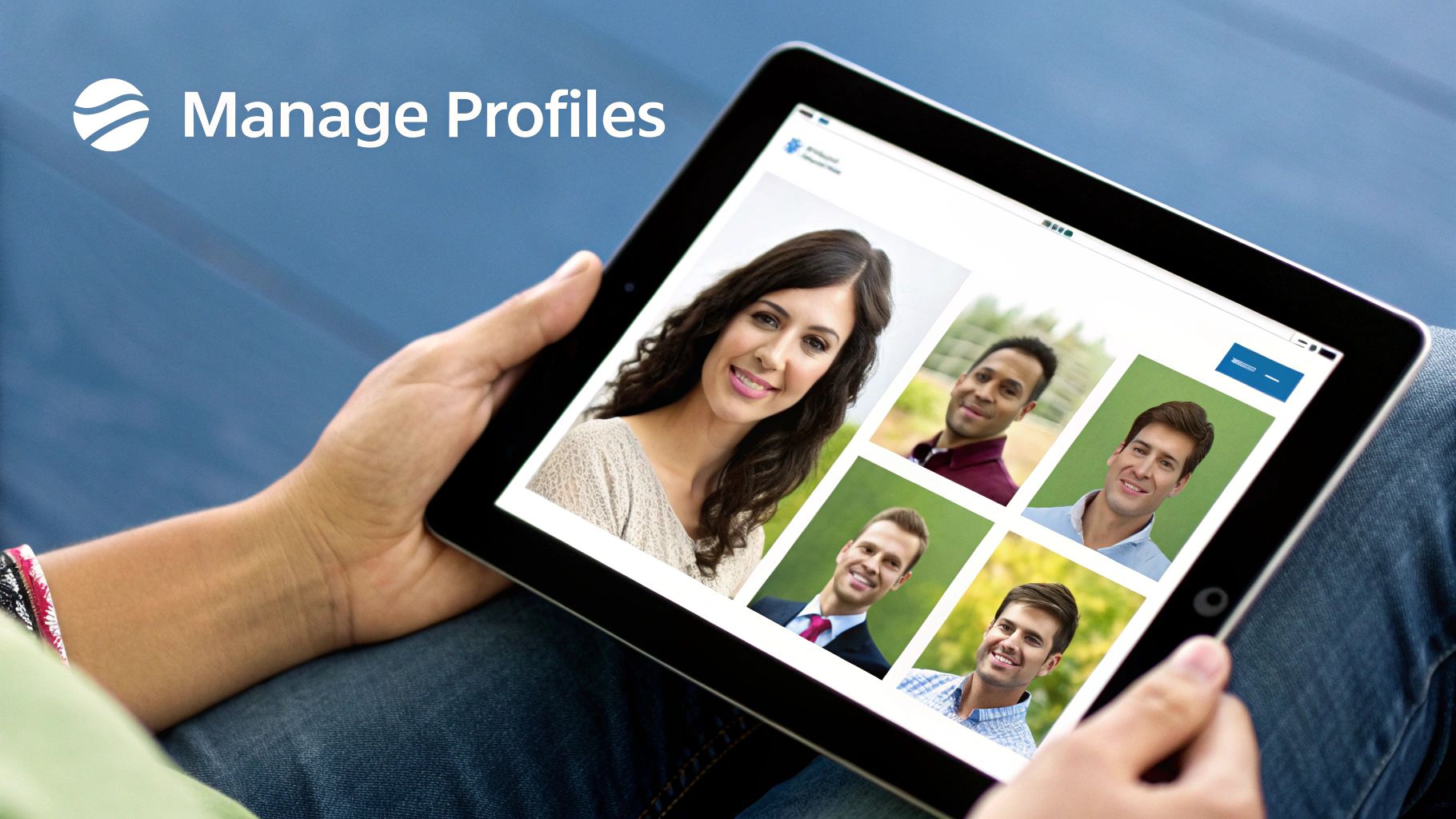 A family gathered around a tablet, setting up their Simply Piano family plan together.