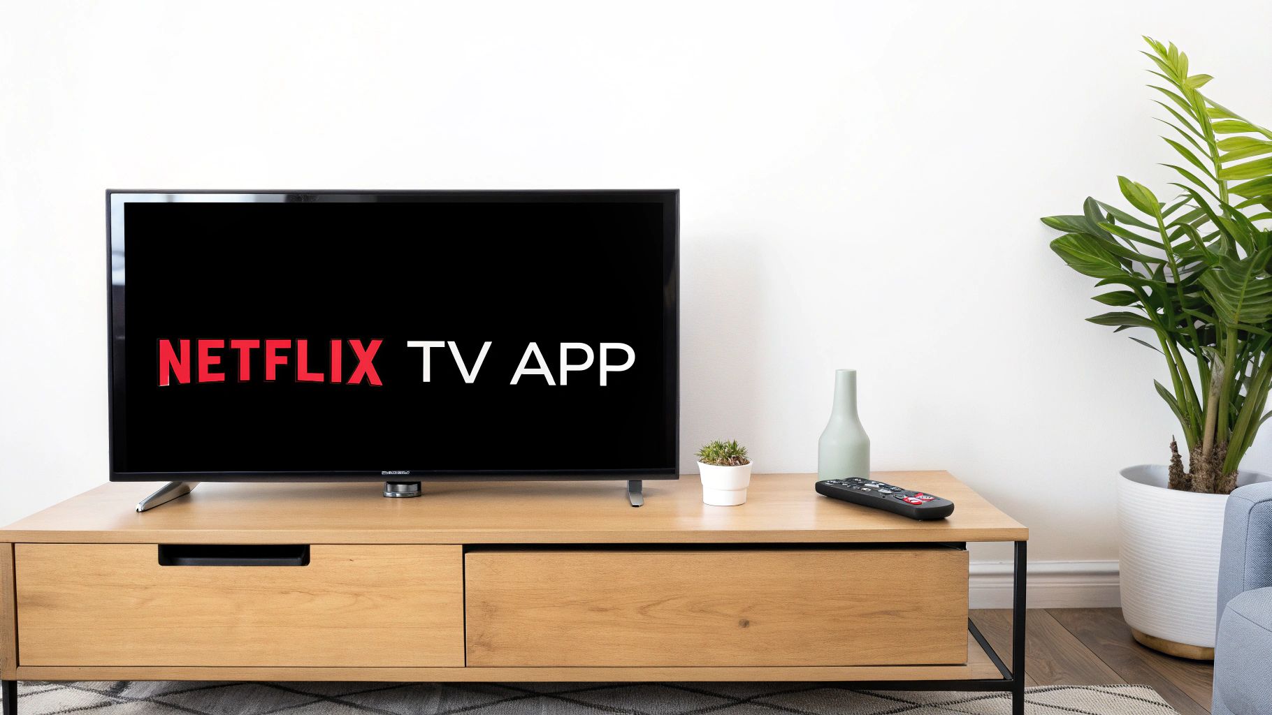 A TV displaying 'NETFLIX TV APP' on a black screen, situated on a wooden media console.