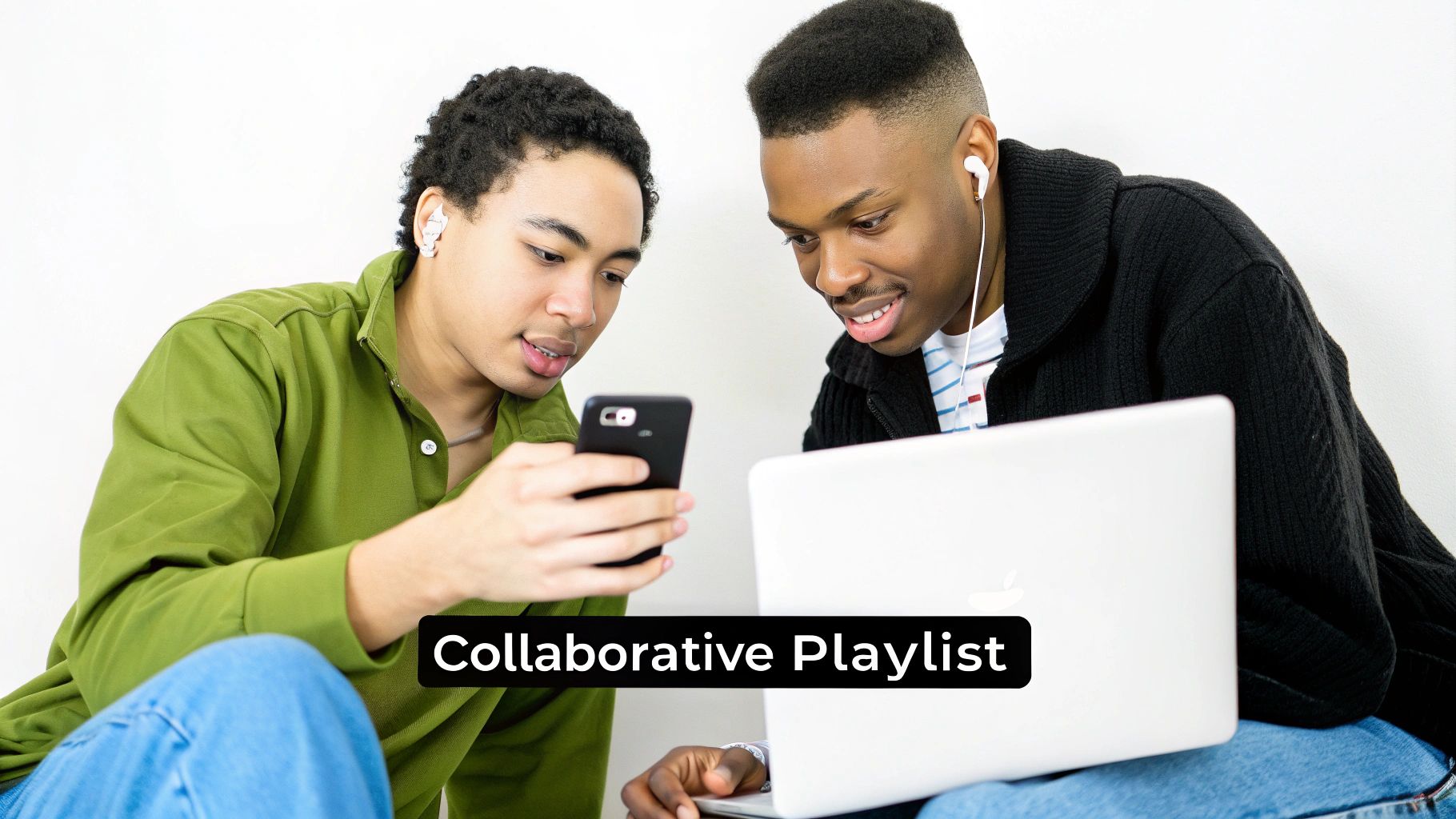 Two young men share a screen on a smartphone and look at a laptop, collaborating on a playlist.