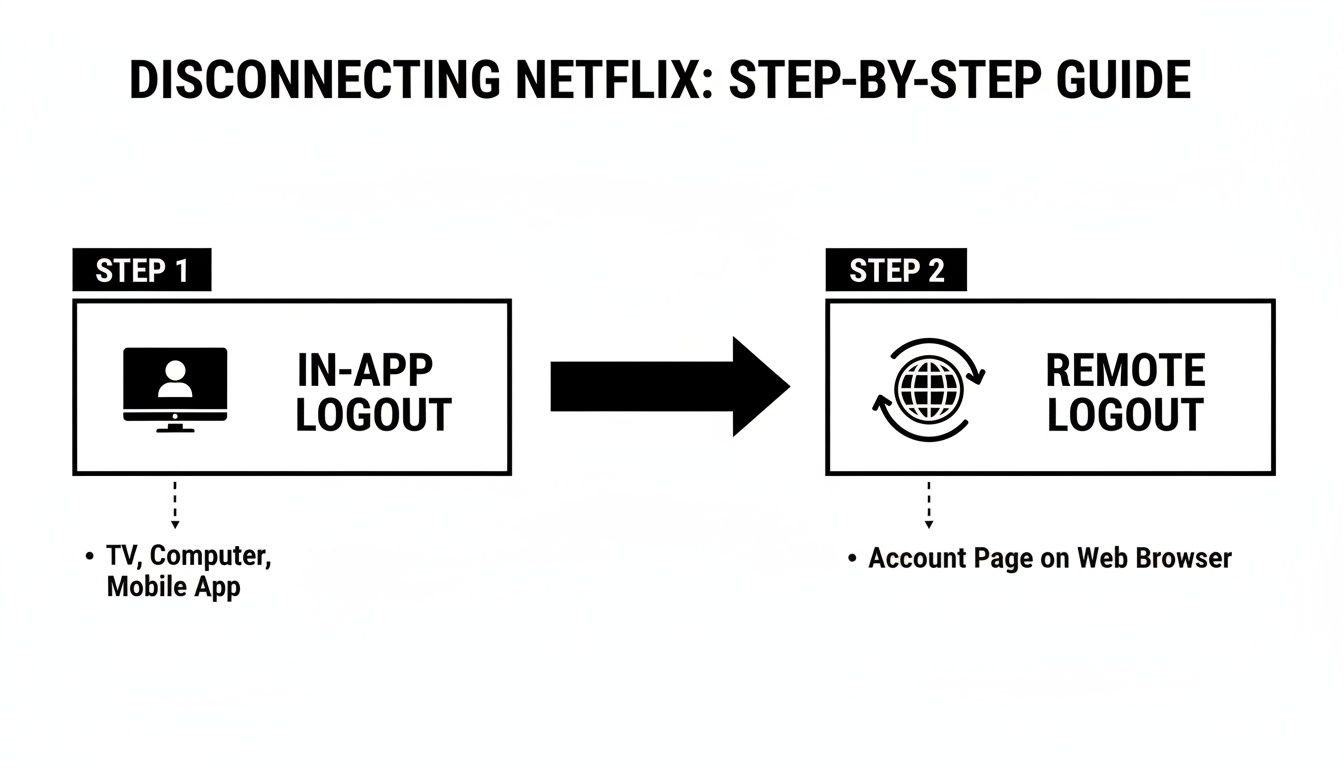 A step-by-step guide on how to disconnect Netflix, showing in-app and remote logout options.