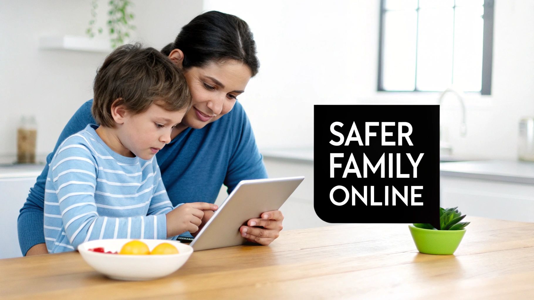 Family using a tablet together, smiling