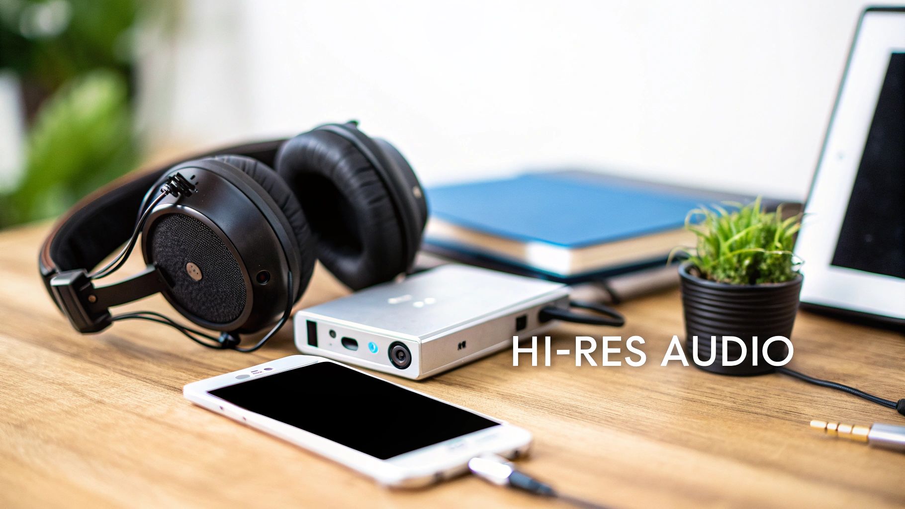 Black headphones, a silver portable DAC, and a white smartphone on a wooden desk for hi-res audio.