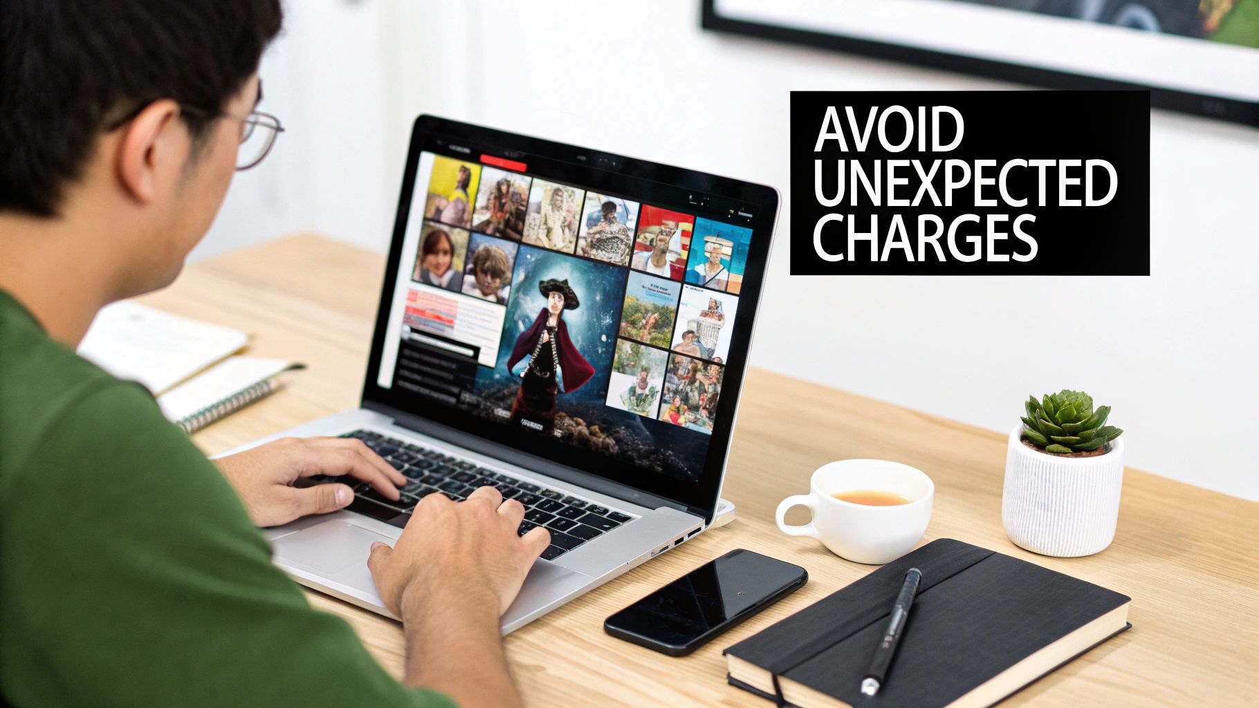 A person uses a laptop displaying a streaming service, with a prominent sign reading "AVOID UNEXPECTED CHARGES."