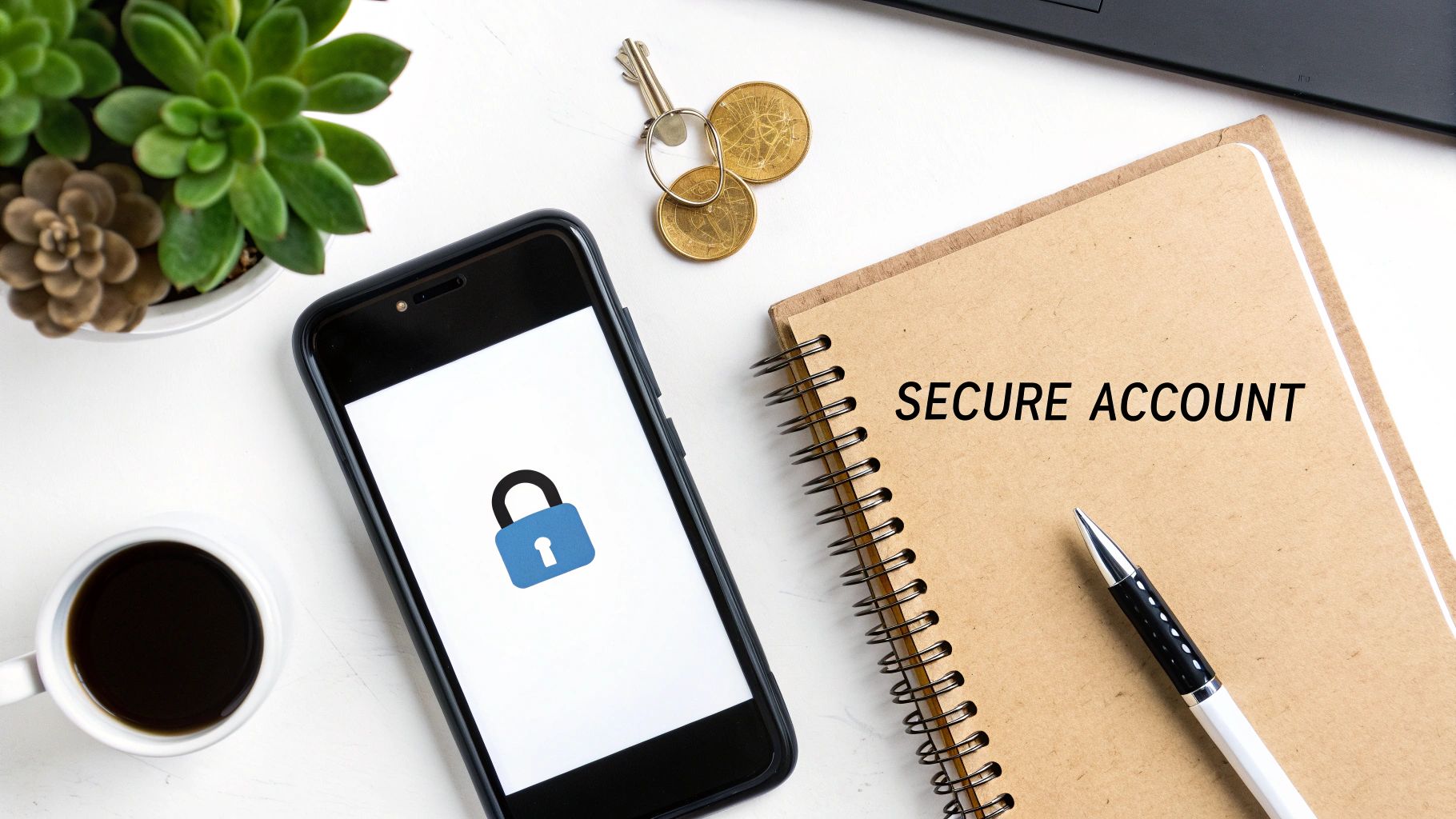 Flat lay showing secure account concept with smartphone displaying padlock, notebook, coffee, and keys.