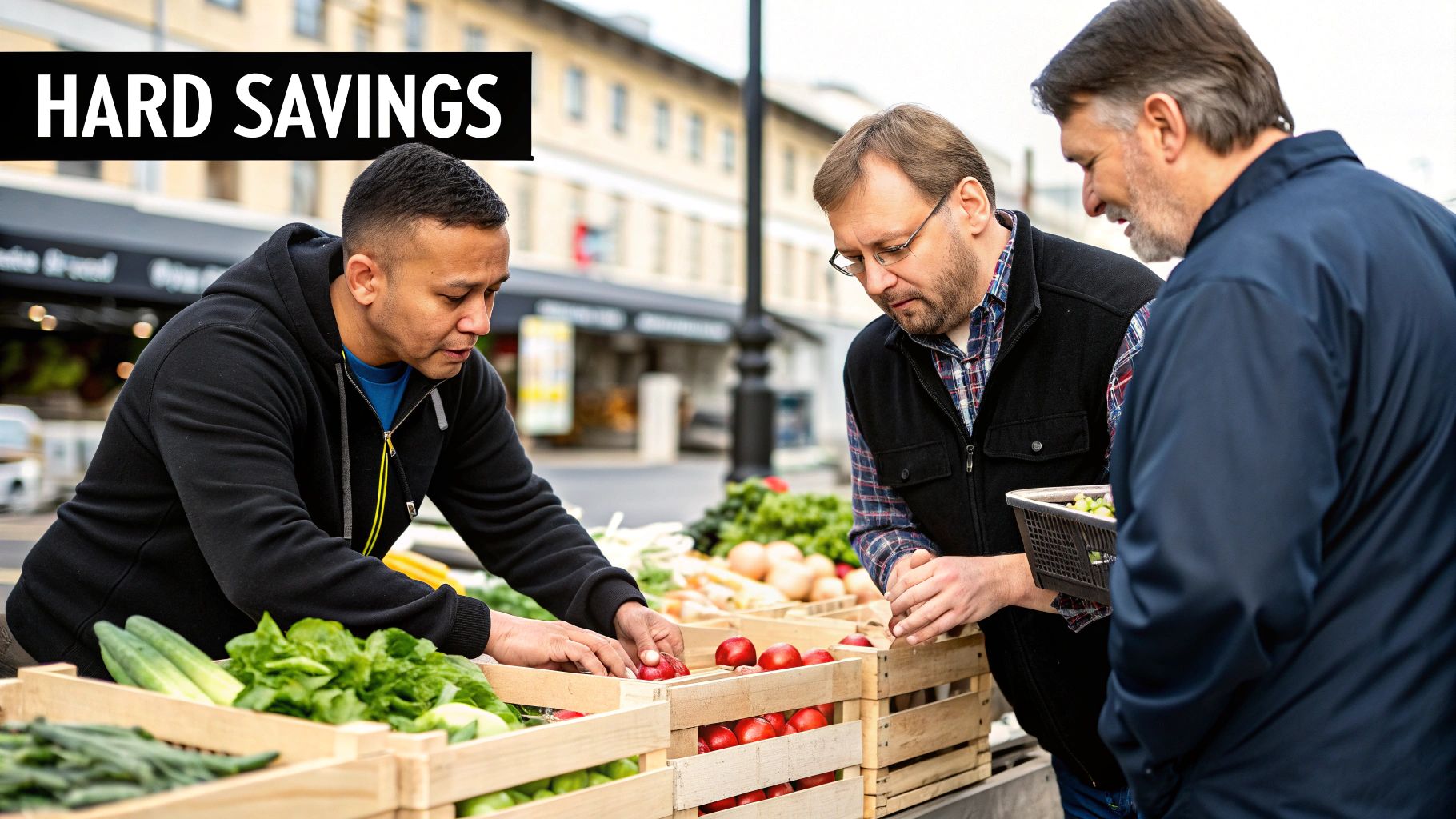 A group of restaurant owners collaborating around a table filled with fresh produce.