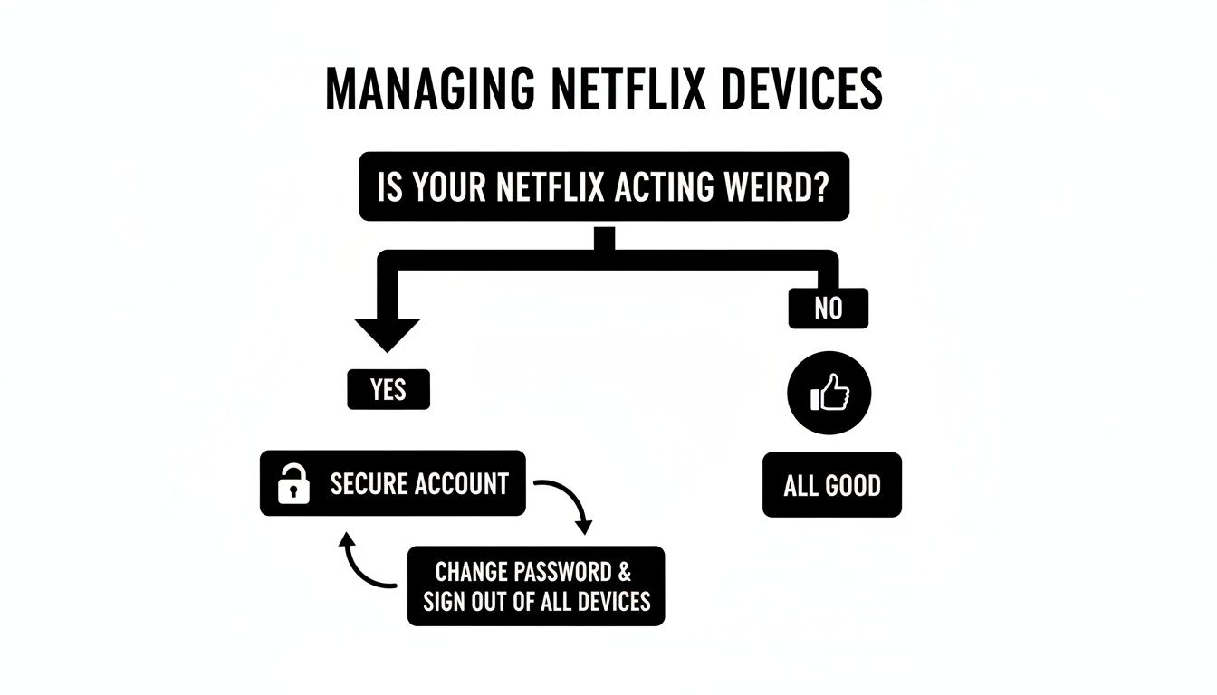 Flowchart for managing Netflix devices, guiding users to secure their account if issues arise.
