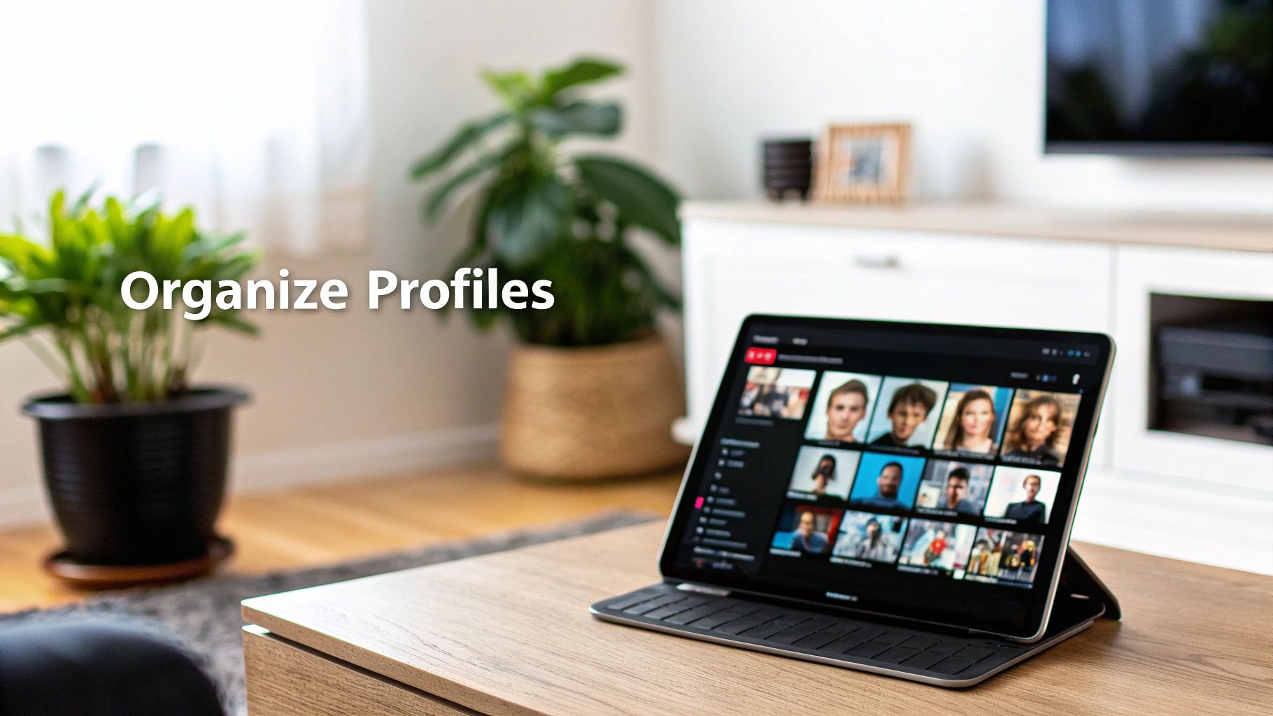 Tablet displaying multiple user profiles on a streaming service, with 'Organize Profiles' text overlay.