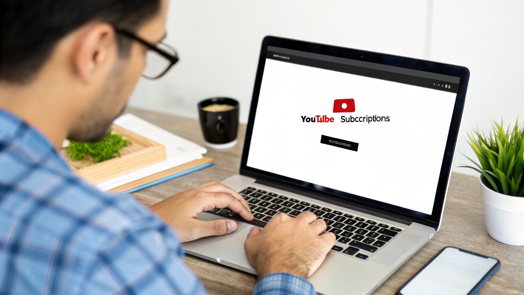 A person's hand holding a smartphone displaying the YouTube interface with the subscribe button highlighted.