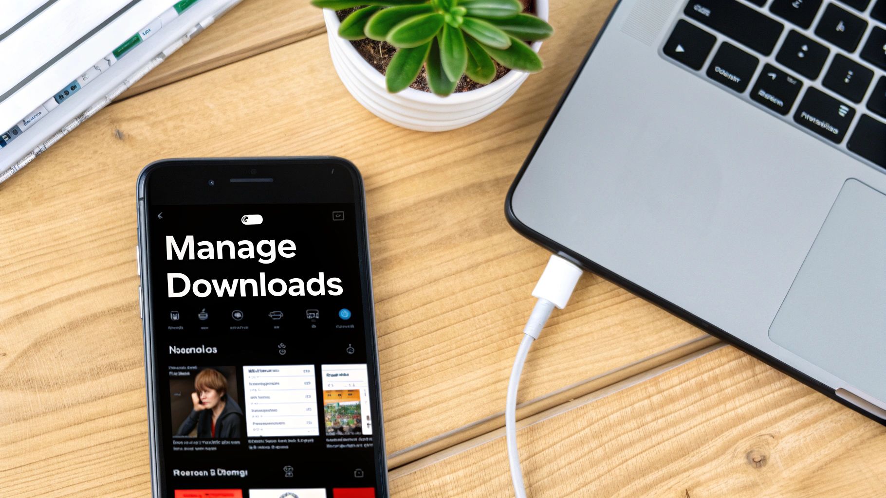 iPhone showing 'Manage Downloads' screen, connected to a laptop on a wooden desk with a plant.