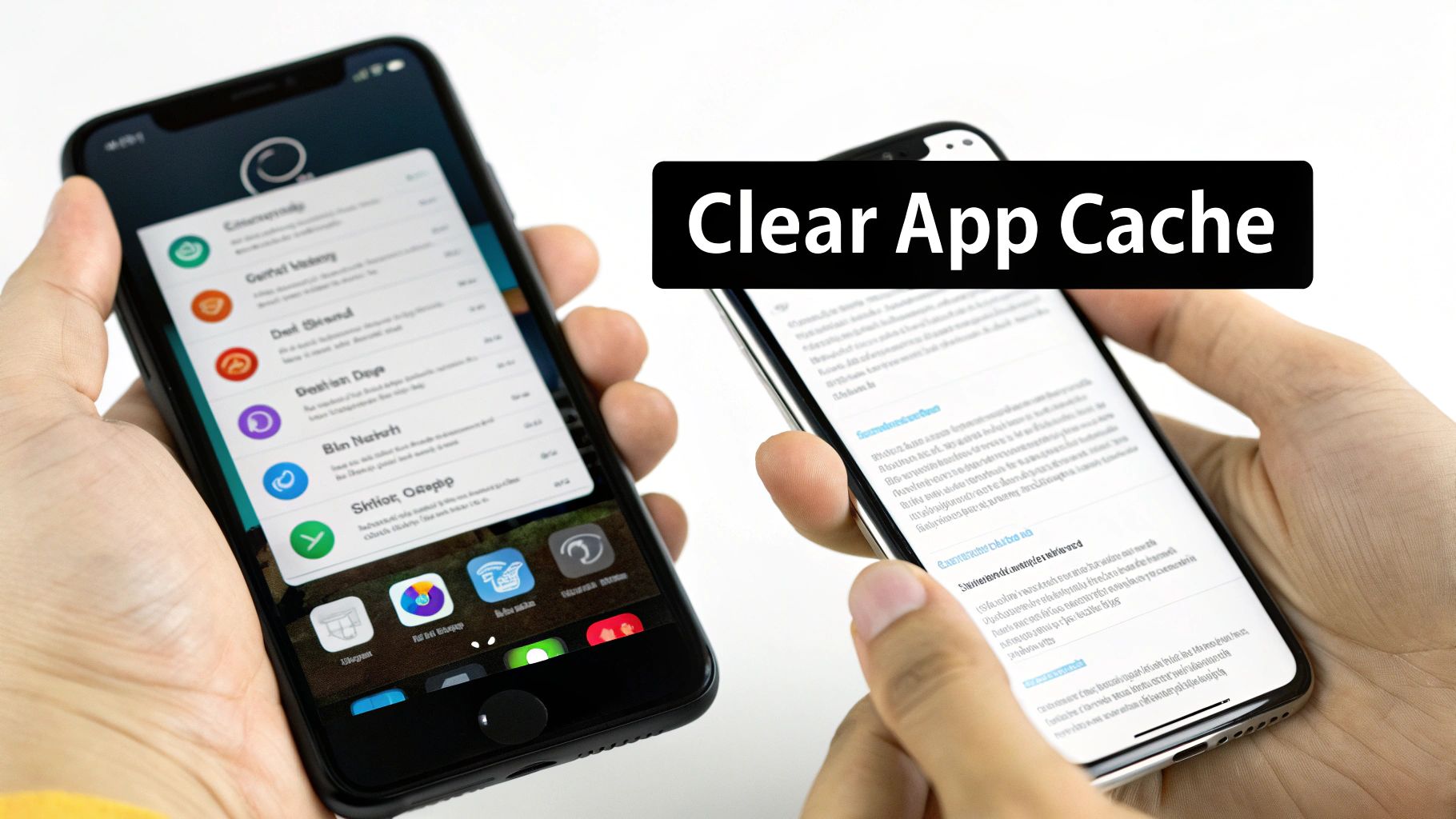 Two hands holding smartphones displaying app lists with clear app cache text overlay tutorial