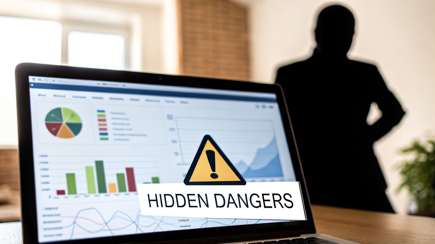 A laptop shows financial charts with a 'Hidden Dangers' warning, a silhouetted person stands in the background.