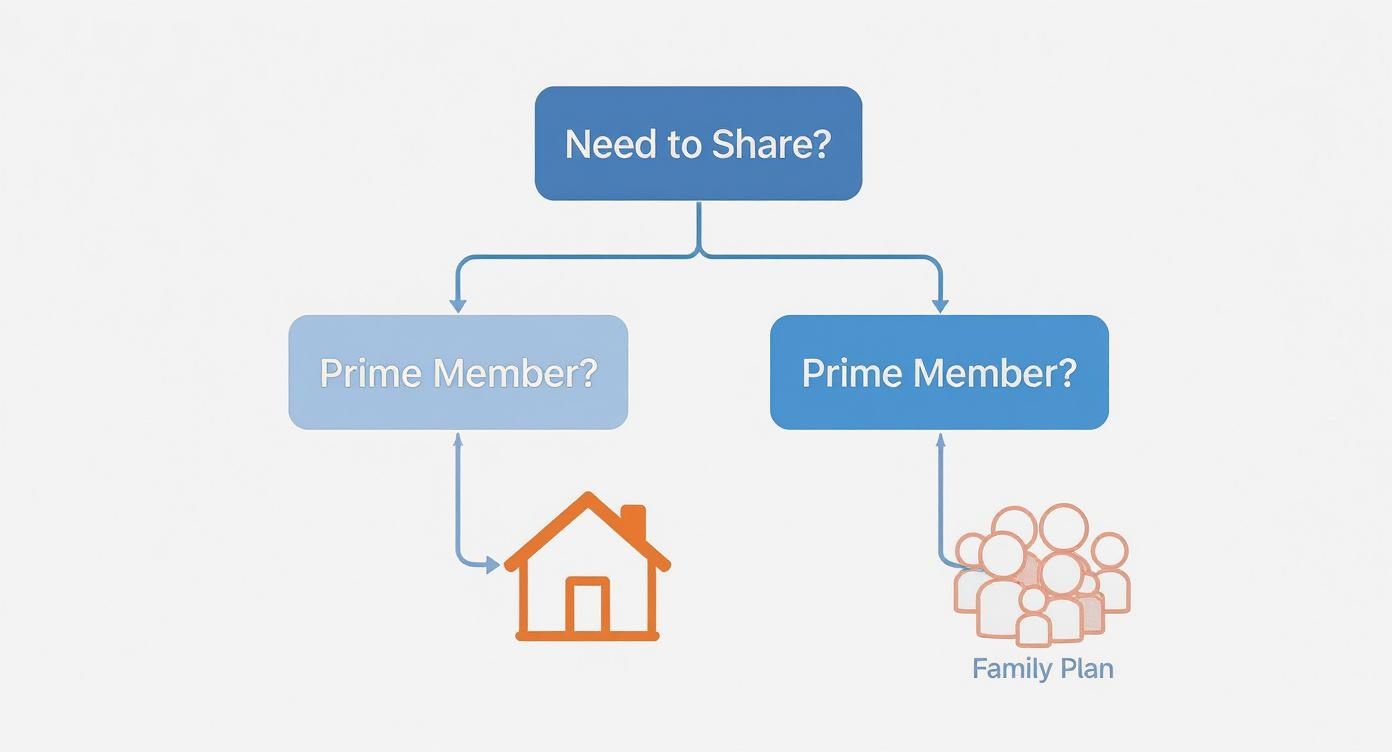 A flowchart illustrating options for sharing Prime membership benefits, including household and family plans.