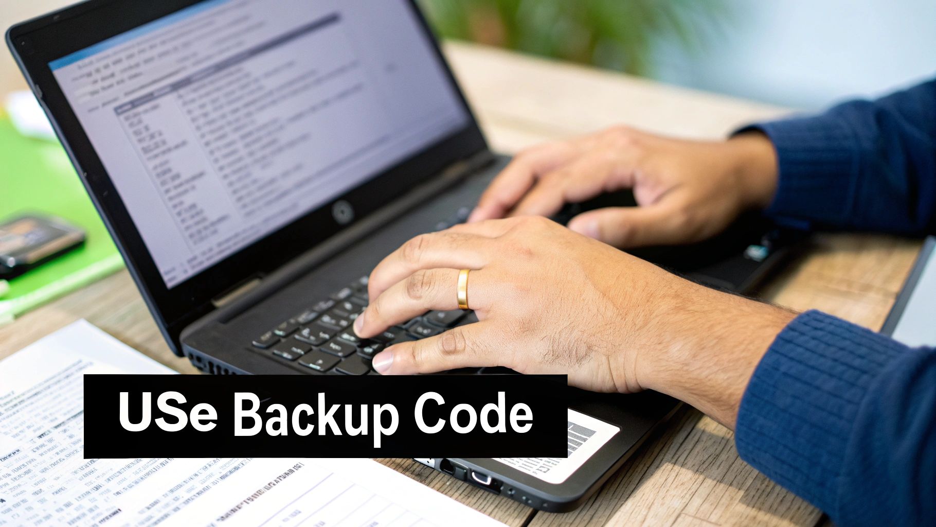 Close-up of a person's hands typing on a laptop keyboard with overlay text 'USE Backup Code'.
