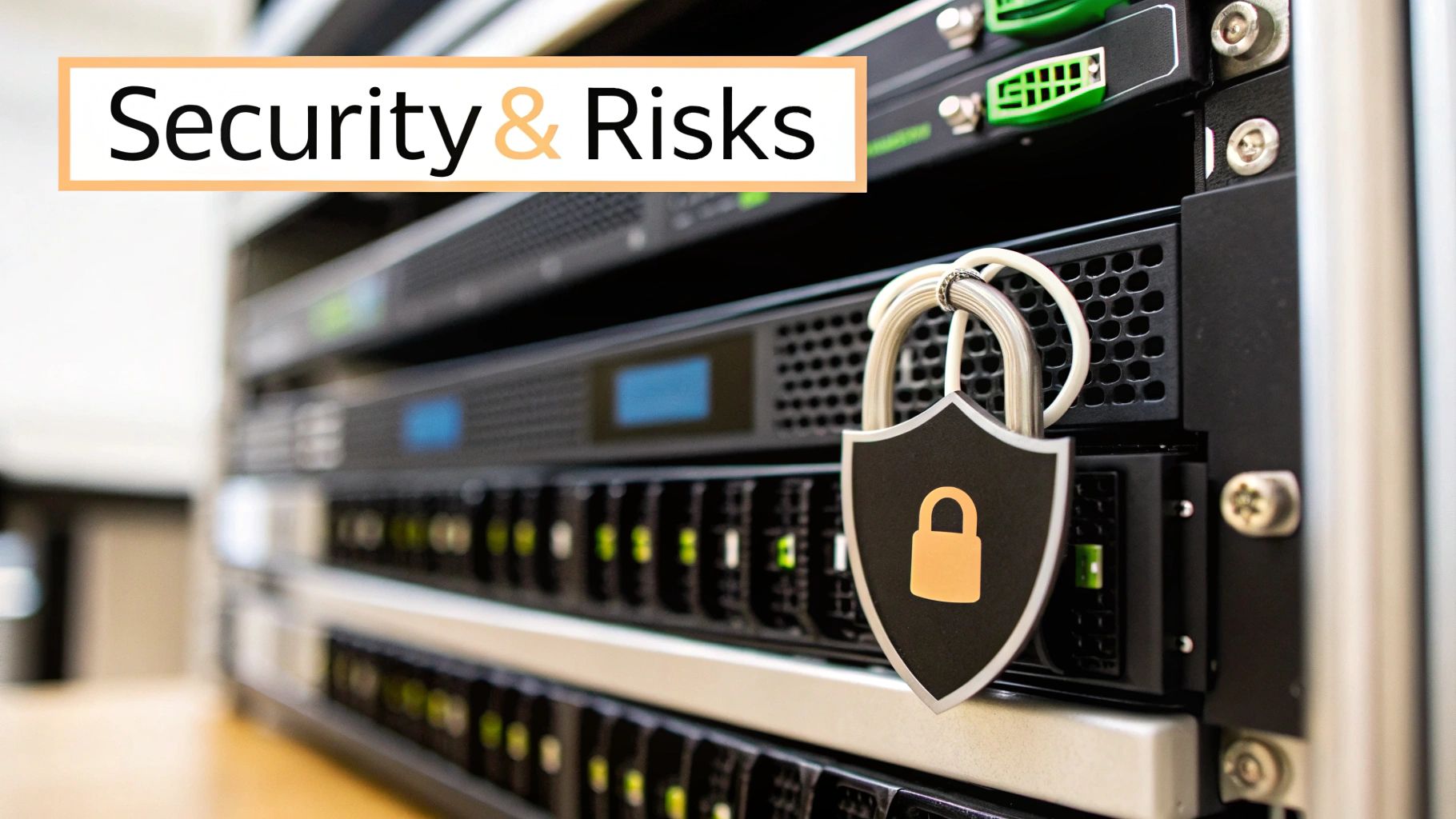 A shield-shaped padlock on a server rack with 'Security & Risks' text, symbolizing data protection.